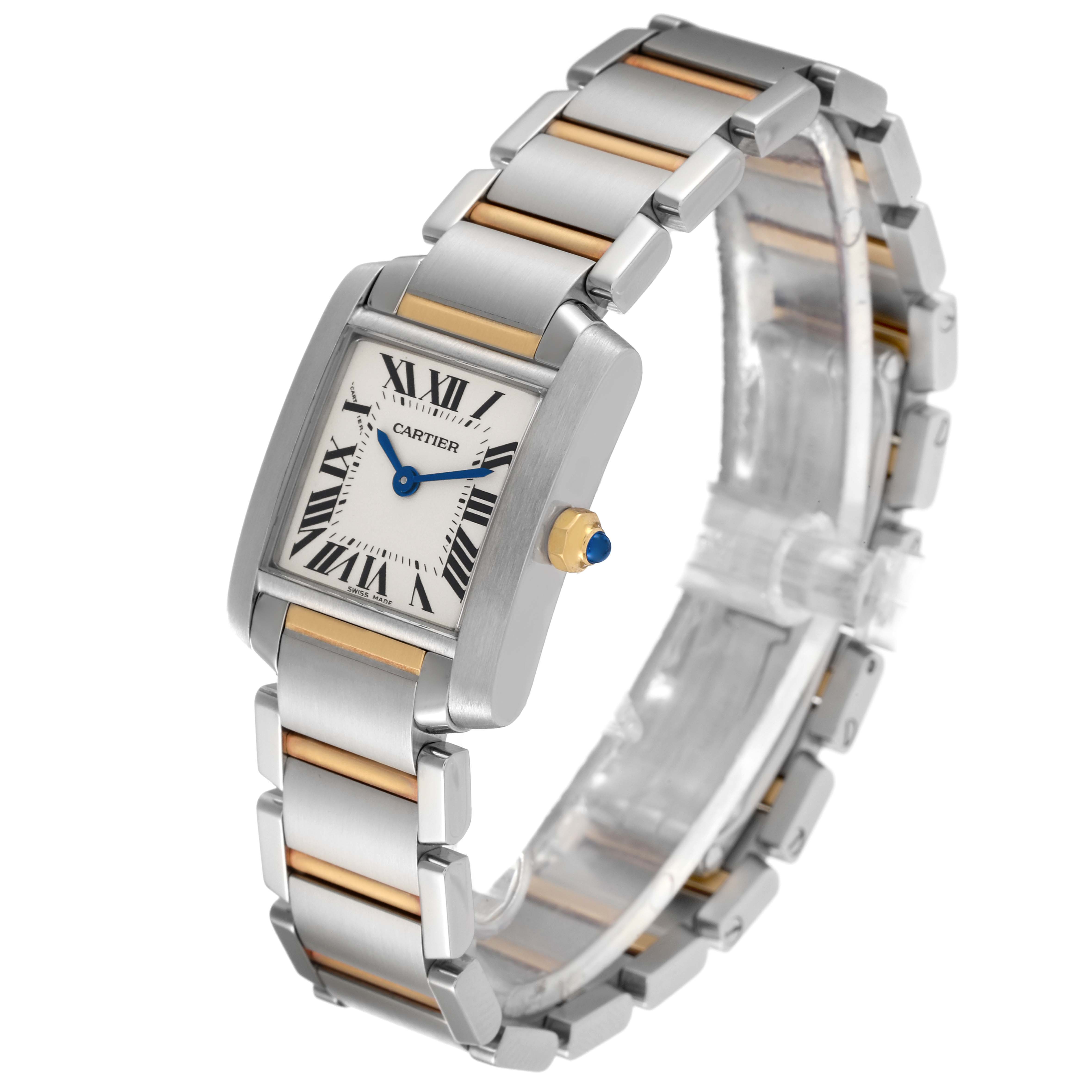 The Cartier Tank Francaise W51007Q4 Women's Steel and Gold (two tone) Silver Dial W51007Q4 Women's Steel and Gold (two tone) Silver Dial watch is shown at a three-quarter angle, displaying its stainless steel and gold bracelet, square face, and blue crown.