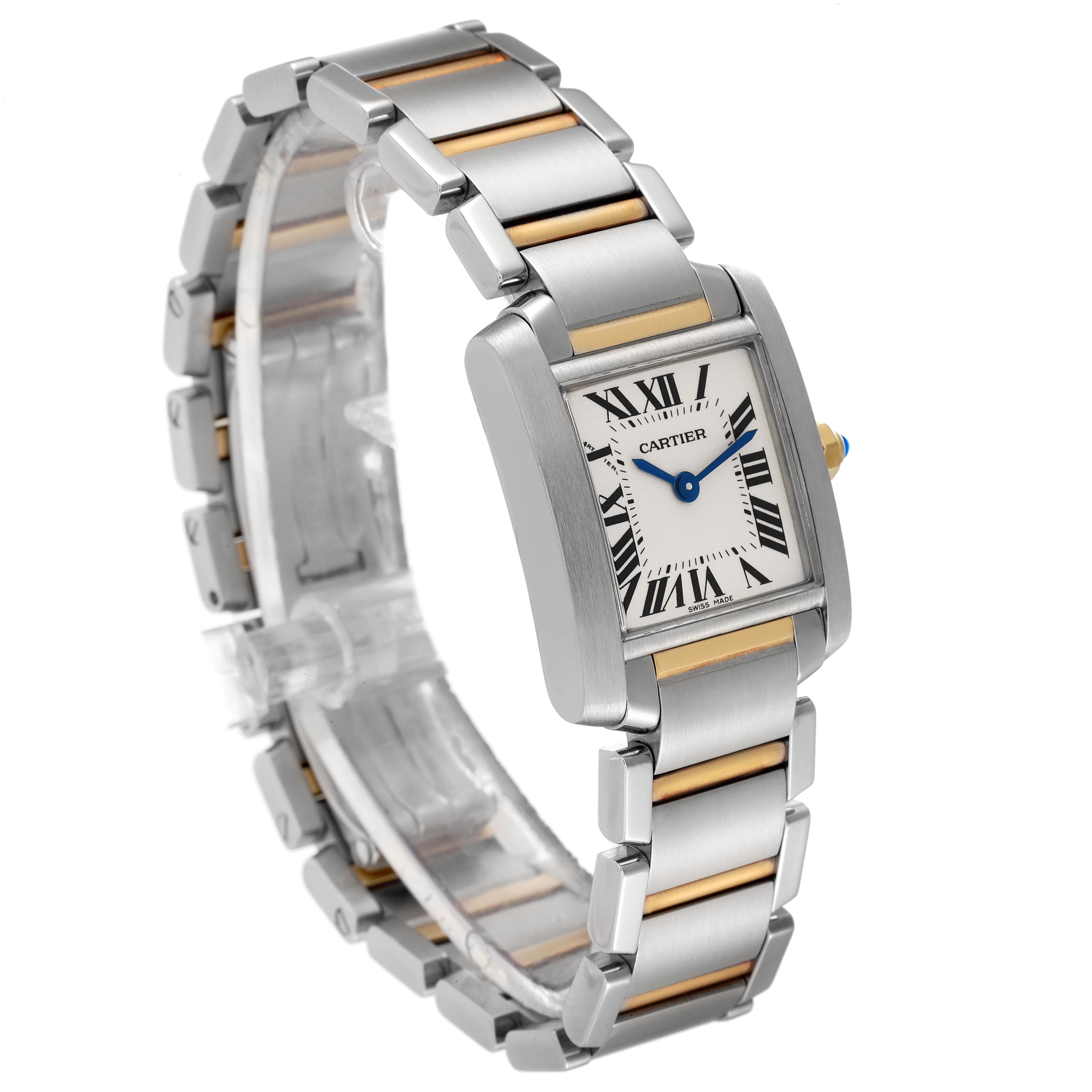 The image shows a Tank Francaise watch by Cartier at a slight angle, highlighting the rectangular case, Roman numeral dial, and two-tone bracelet.