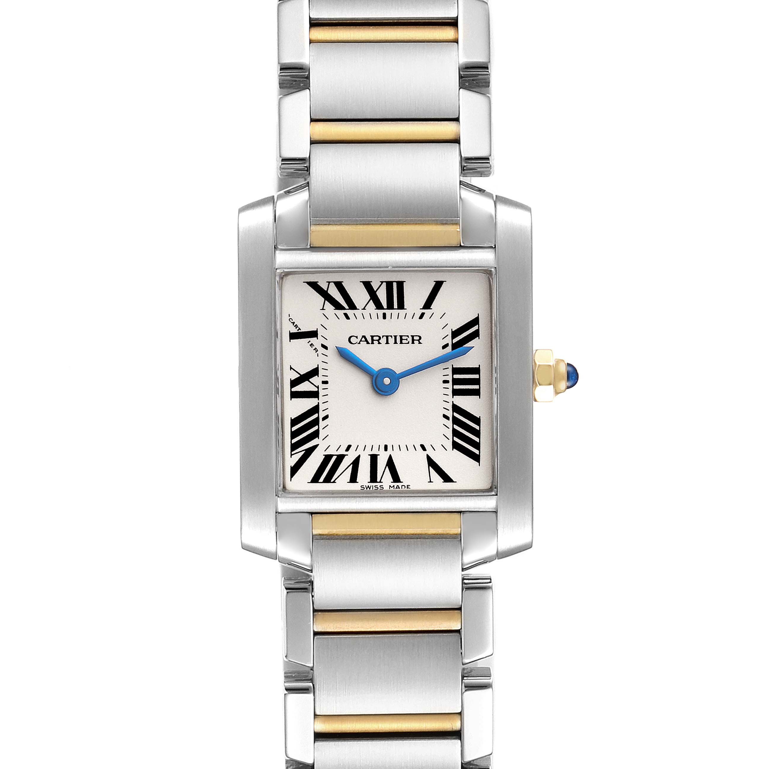 This image shows the Cartier Tank Française watch from a top-down angle, highlighting its face, bezel, and two-tone metal bracelet.