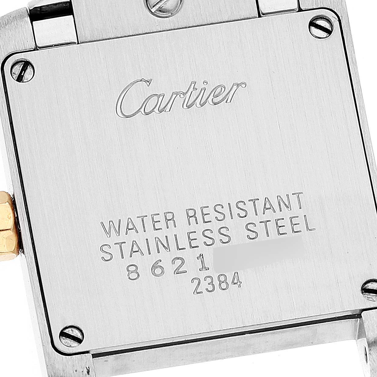 The image shows the back case of a Cartier Tank Francaise W51007Q4 Women's Steel and Gold (two tone) Silver Dial W51007Q4 Women's Steel and Gold (two tone) Silver Dial watch, displaying water resistance and material information.