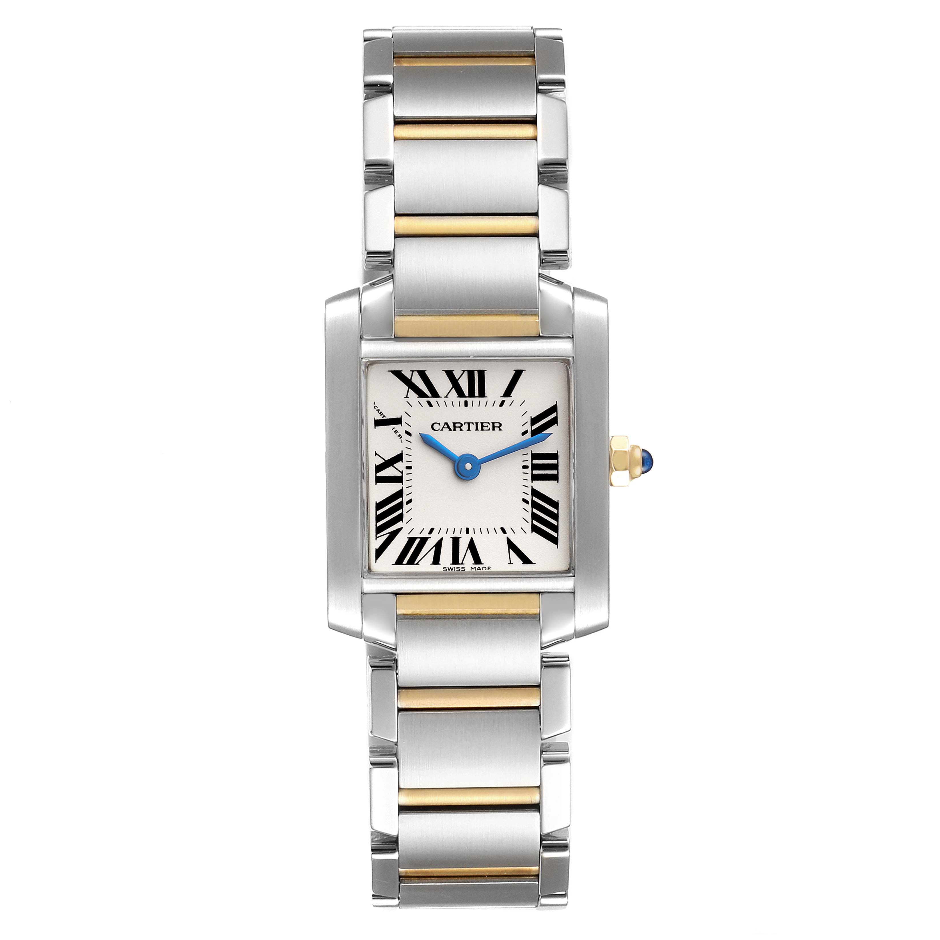 The image shows a full frontal view of the Cartier Tank Française watch, highlighting its dial, hands, case, and metal bracelet.