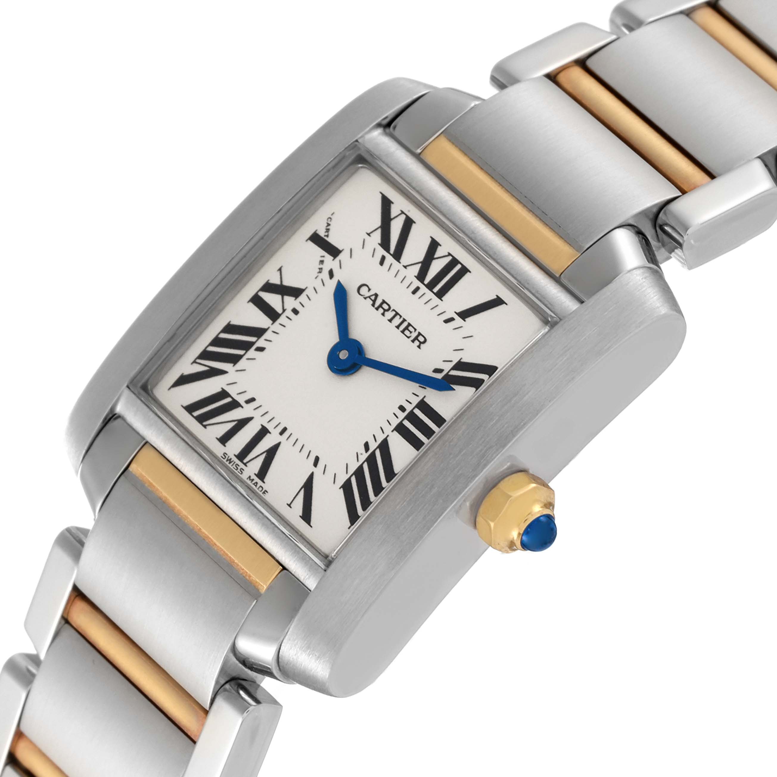 The image shows a close-up angle of the Cartier Tank Française watch, highlighting its rectangular dial, Roman numerals, and stainless steel and gold bracelet.