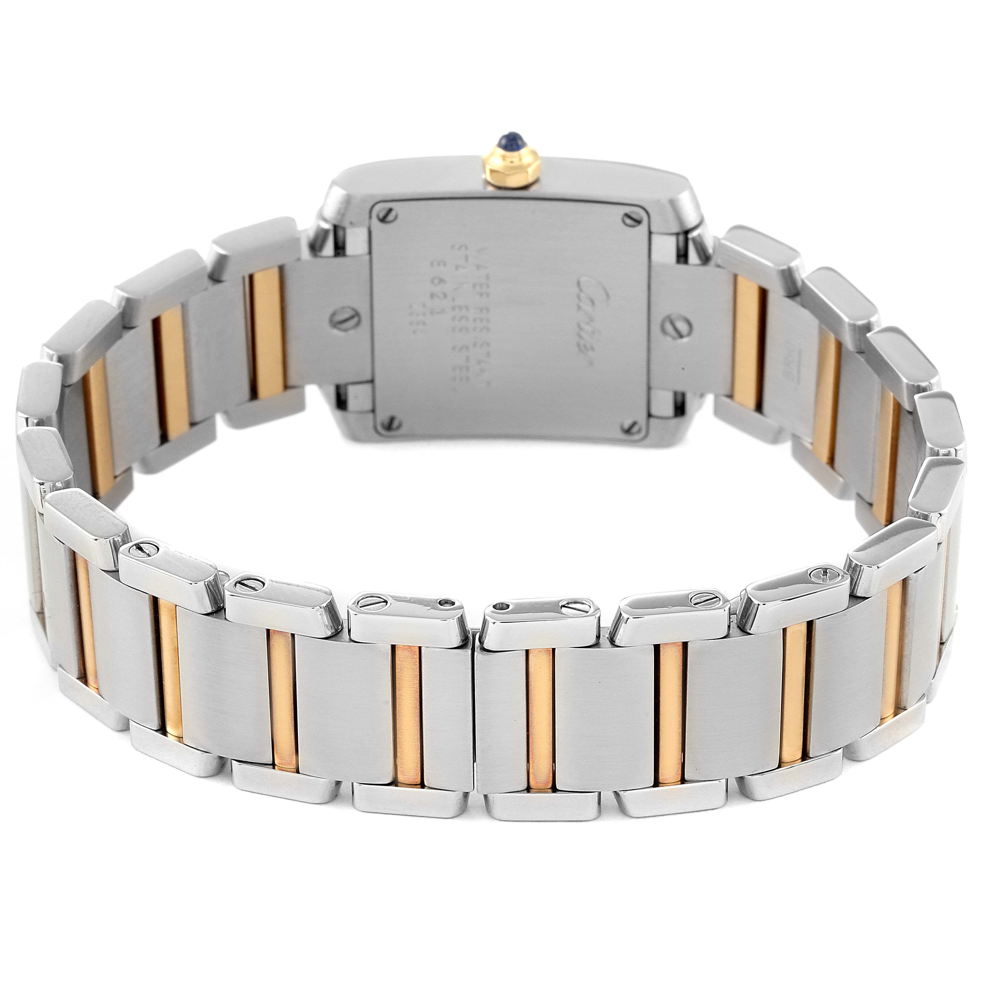 This image shows the back view of the Cartier Tank Française watch, highlighting its caseback and two-tone bracelet.