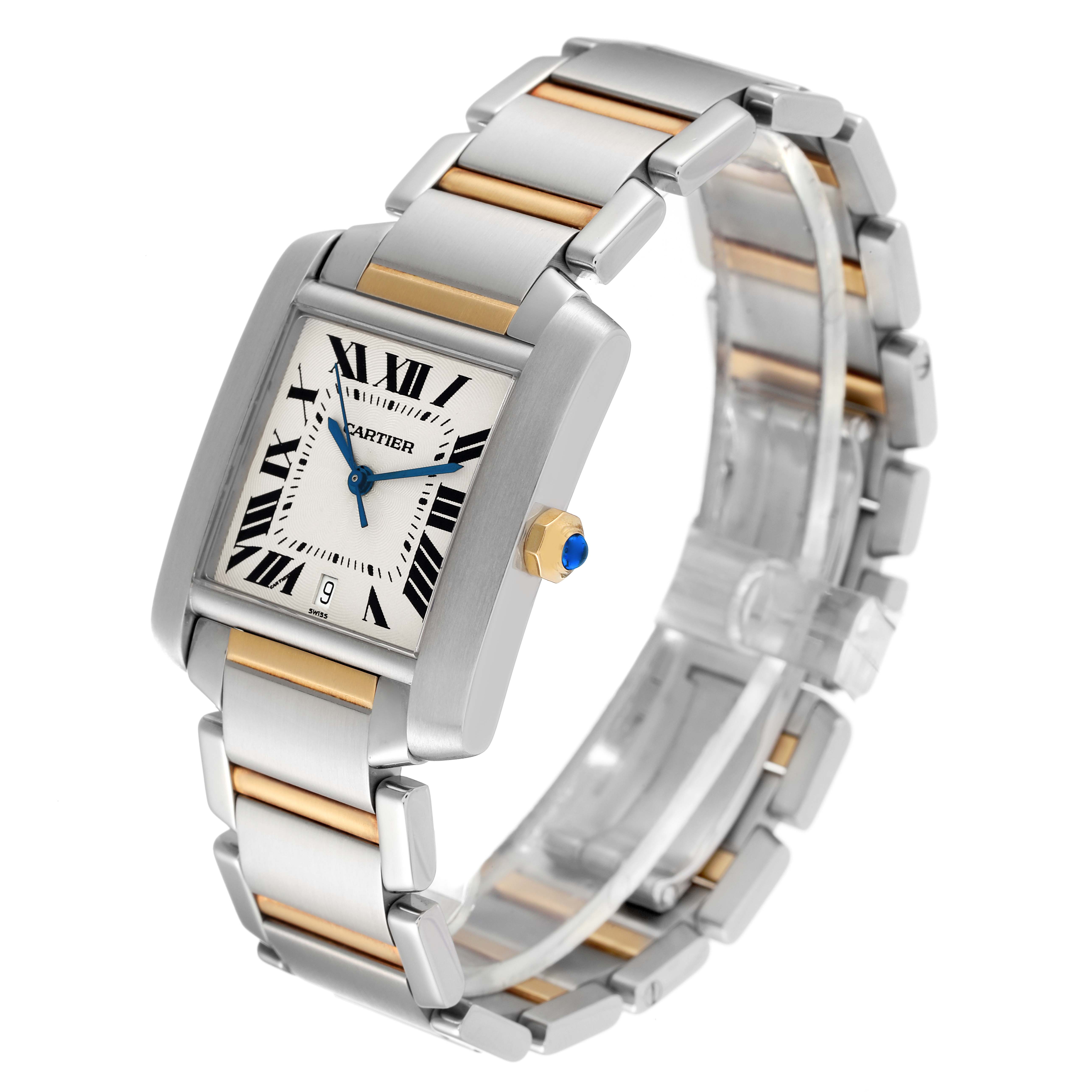 The image shows a Tank Francaise model by Cartier from an angled perspective, highlighting the watch face and metal bracelet.