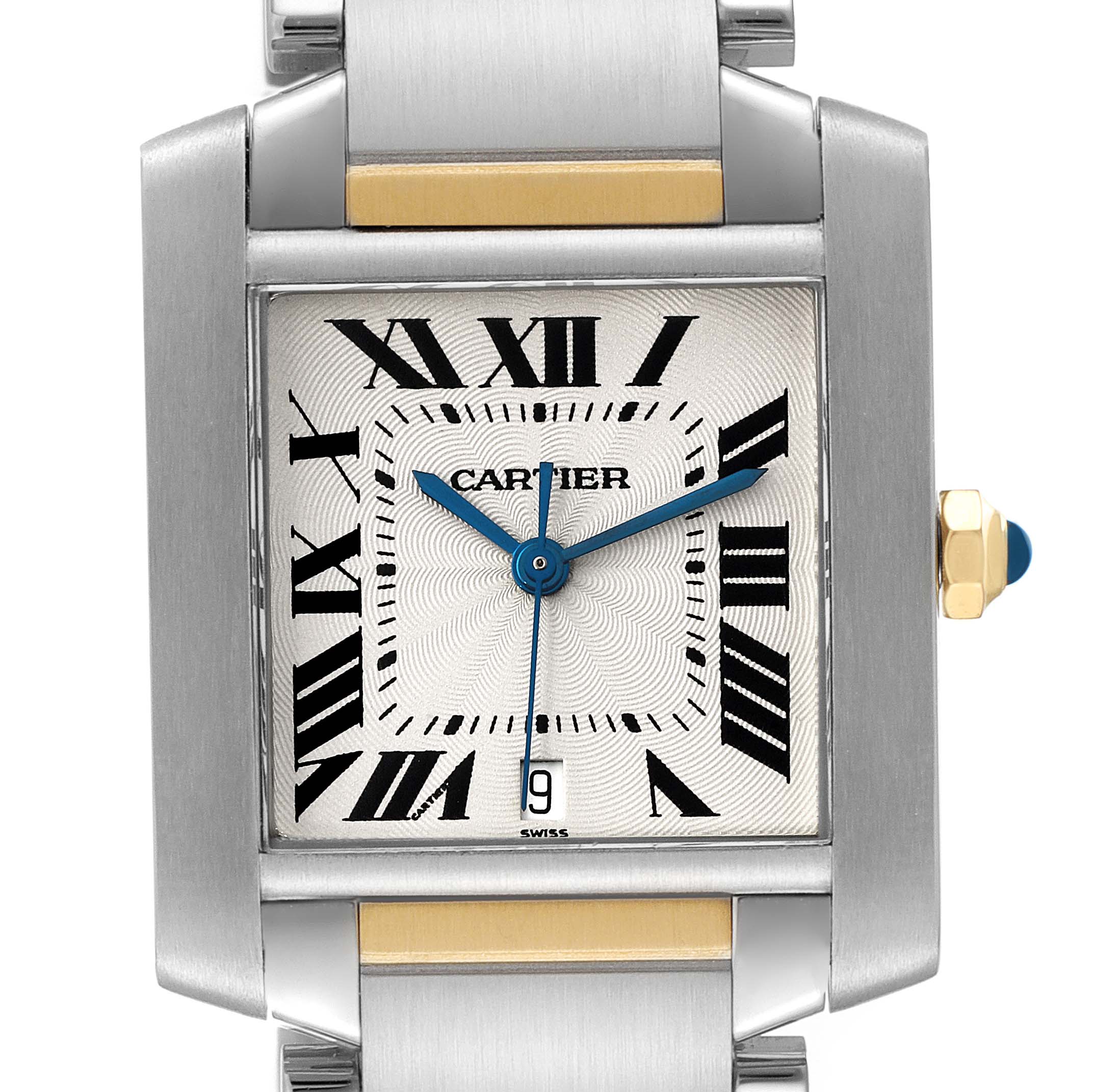 This image shows a close-up of a Cartier Tank Francaise W51005Q4 Men's Steel and Gold (two tone) Silver Dial W51005Q4 Men's Steel and Gold (two tone) Silver Dial watch face, including the dial, hands, and part of the bracelet.