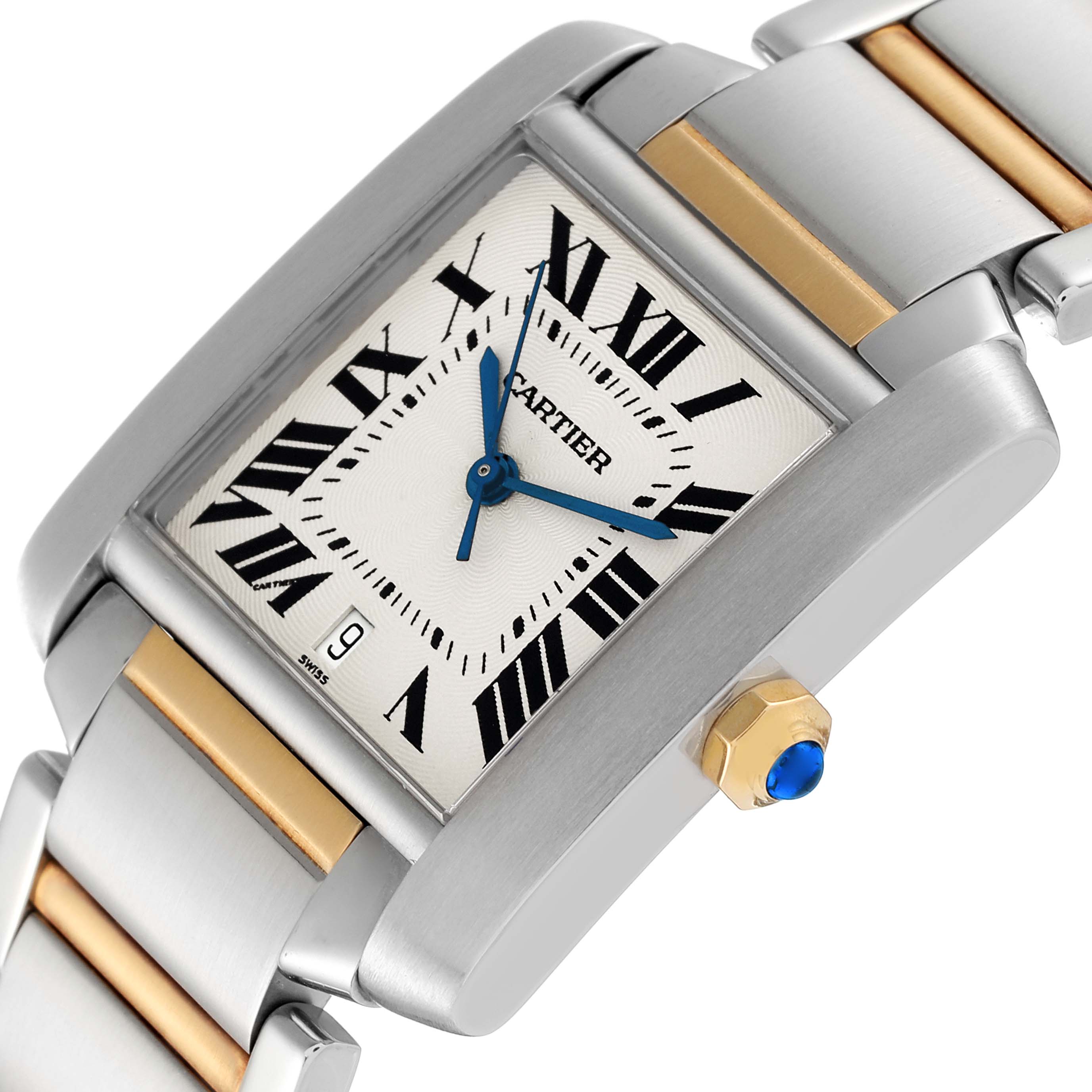 This image shows a close-up angled view of the face and partial bracelet of a Cartier Tank Française watch, highlighting the Roman numerals and blue hands.
