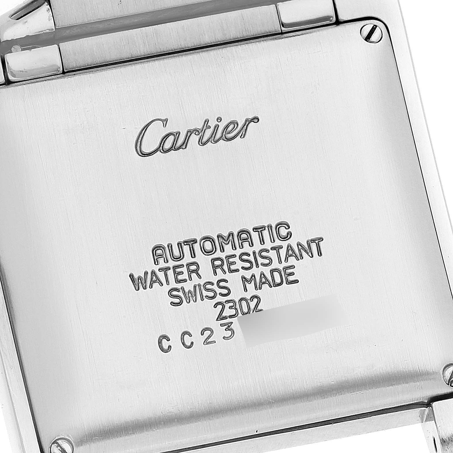 The image shows the back of a Cartier Tank Francaise W51005Q4 Men's Steel and Gold (two tone) Silver Dial W51005Q4 Men's Steel and Gold (two tone) Silver Dial watch, displaying the brand and model information.
