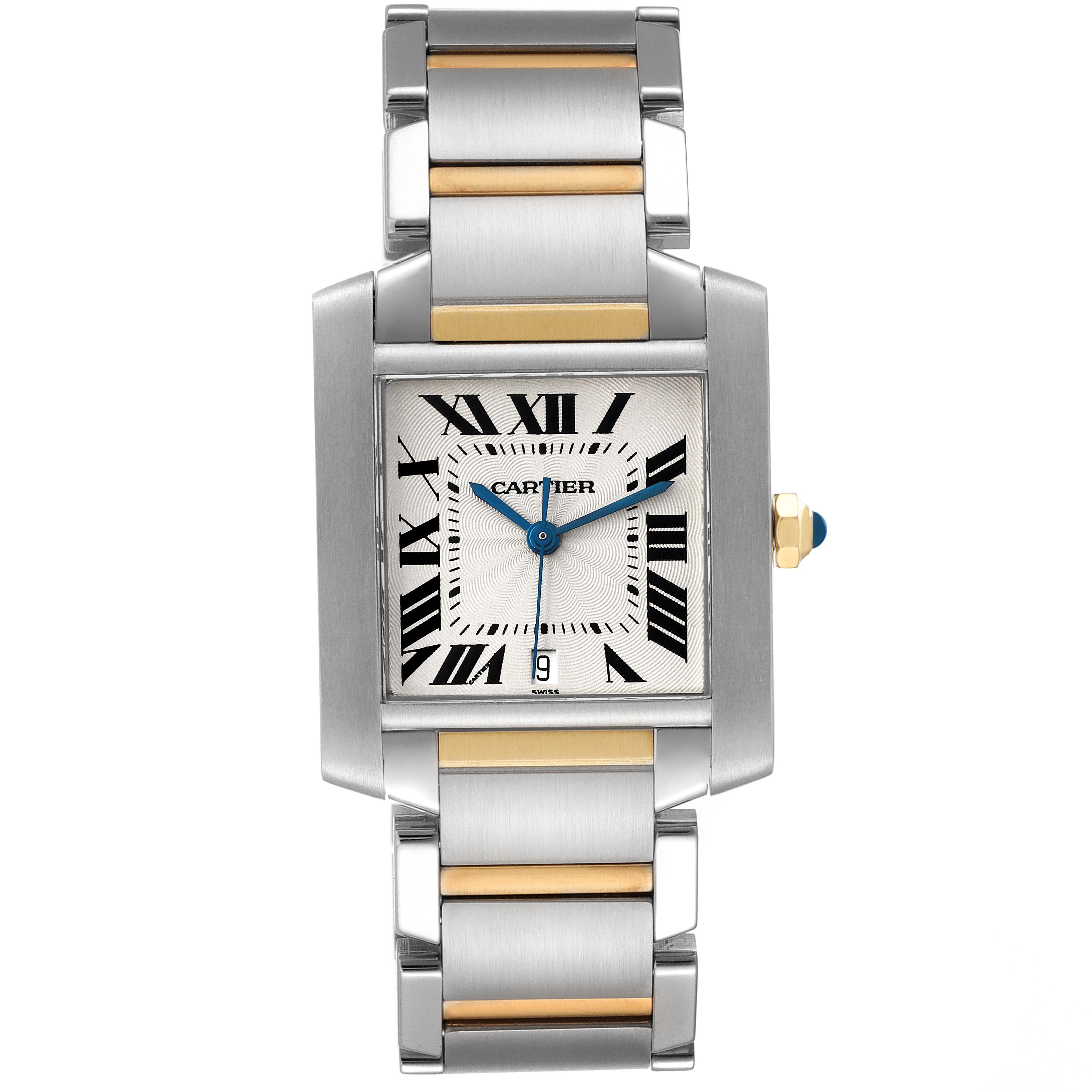 The image shows a frontal view of a Cartier Tank Française watch, highlighting its square dial, Roman numerals, and bi-metal bracelet.