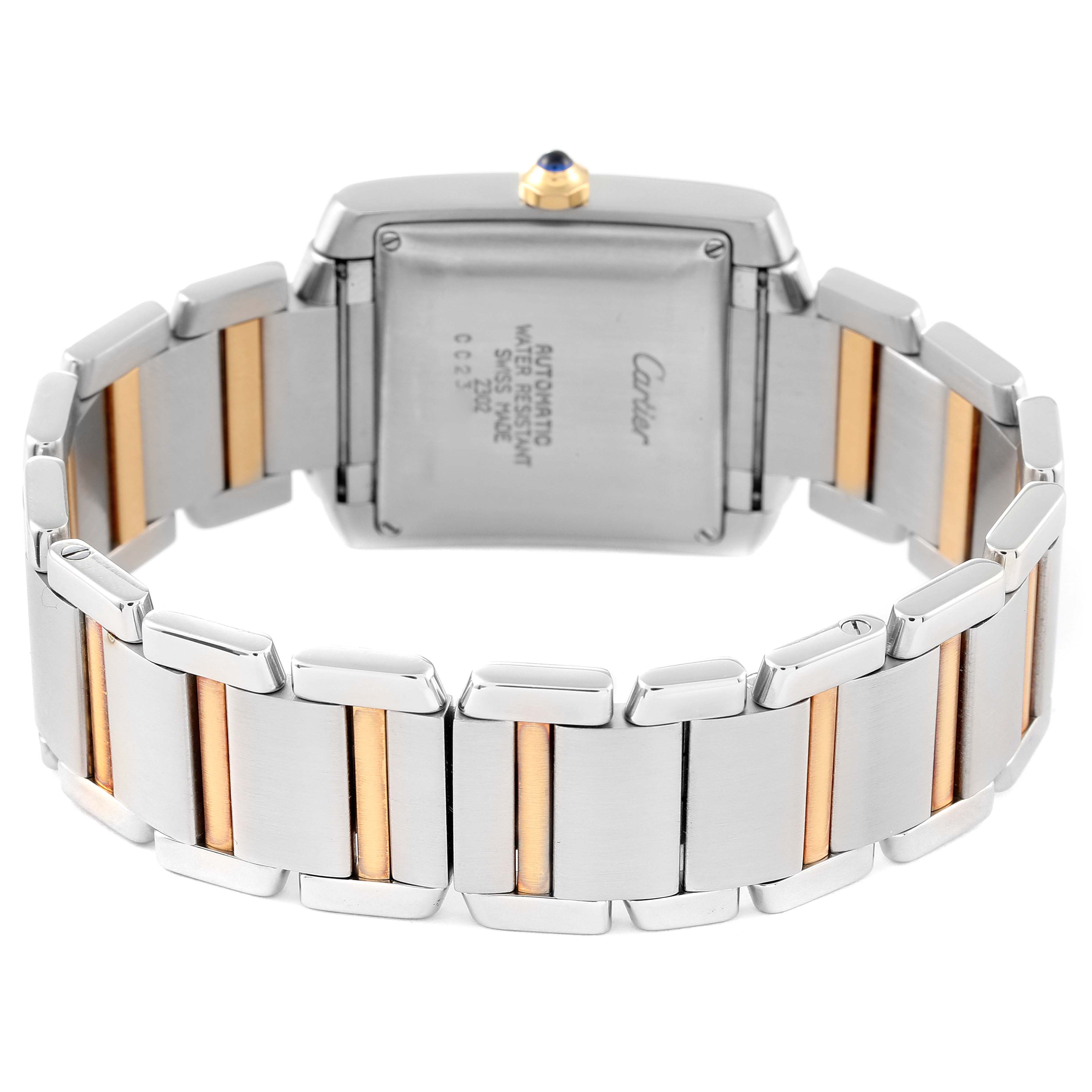 The image shows the back case and bracelet of the Cartier Tank Francaise W51005Q4 Men's Steel and Gold (two tone) Silver Dial W51005Q4 Men's Steel and Gold (two tone) Silver Dial watch, highlighting its two-tone metal design.