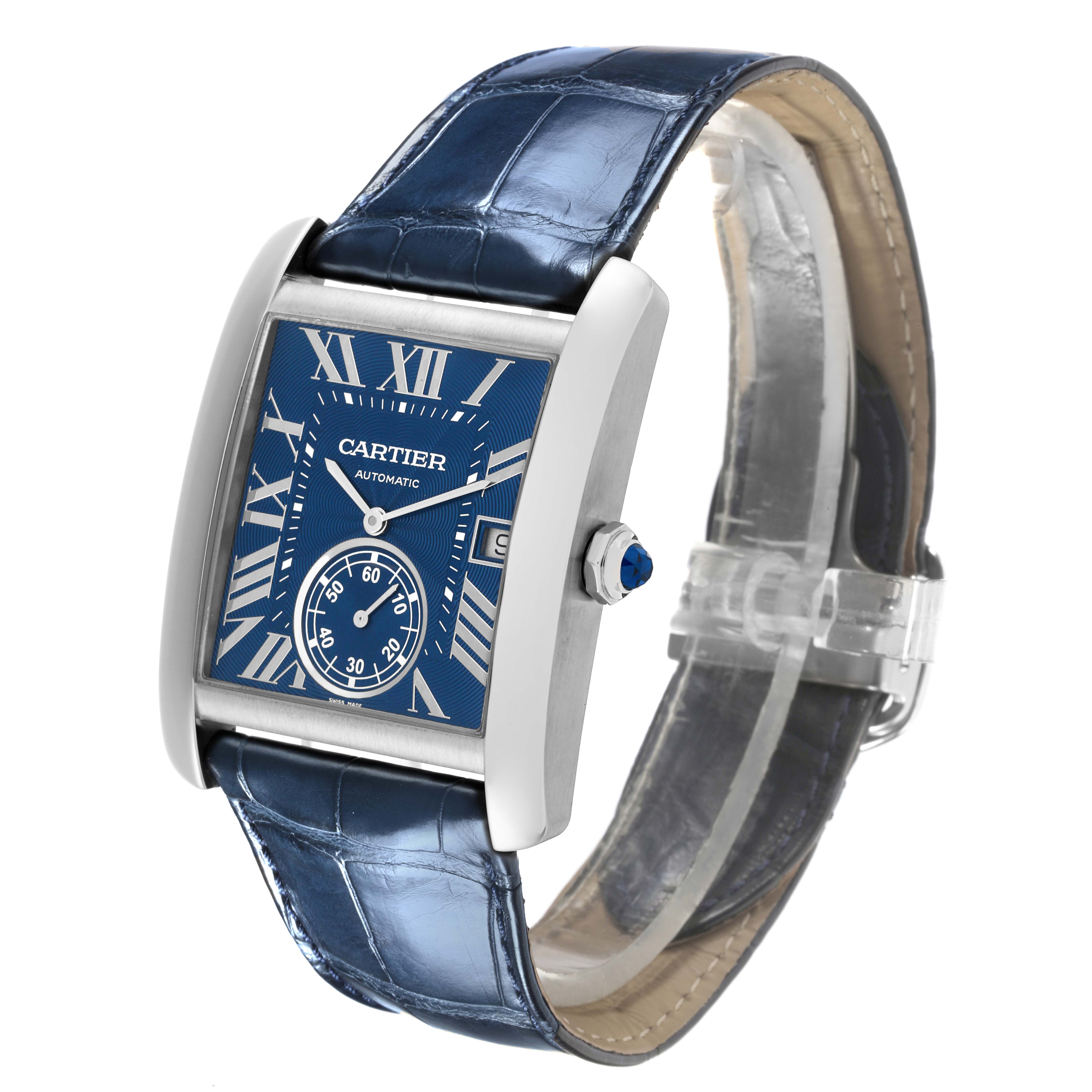 The Cartier Tank MC WSTA0010 Men's Stainless Steel Blue Dial WSTA0010 Men's Stainless Steel Blue Dial watch is shown at a slight angle, displaying the face, rectangular case, crown, and blue alligator strap.