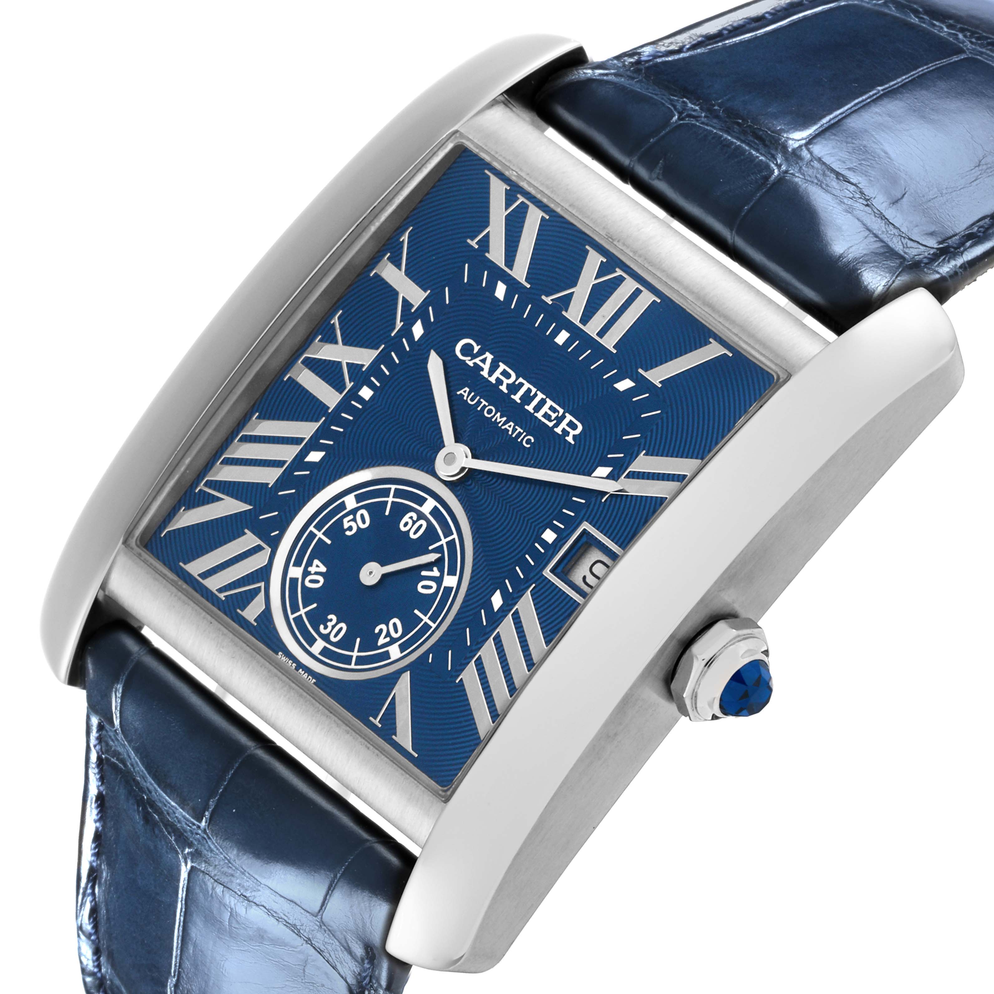 The Cartier Tank MC WSTA0010 Men's Stainless Steel Blue Dial WSTA0010 Men's Stainless Steel Blue Dial watch is shown at an angled view, displaying its blue dial, Roman numerals, sub-dial, and crown.