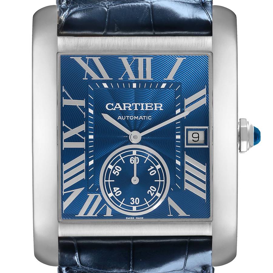 The Cartier Tank MC watch is shown from the front, highlighting its blue dial, Roman numerals, and date feature.