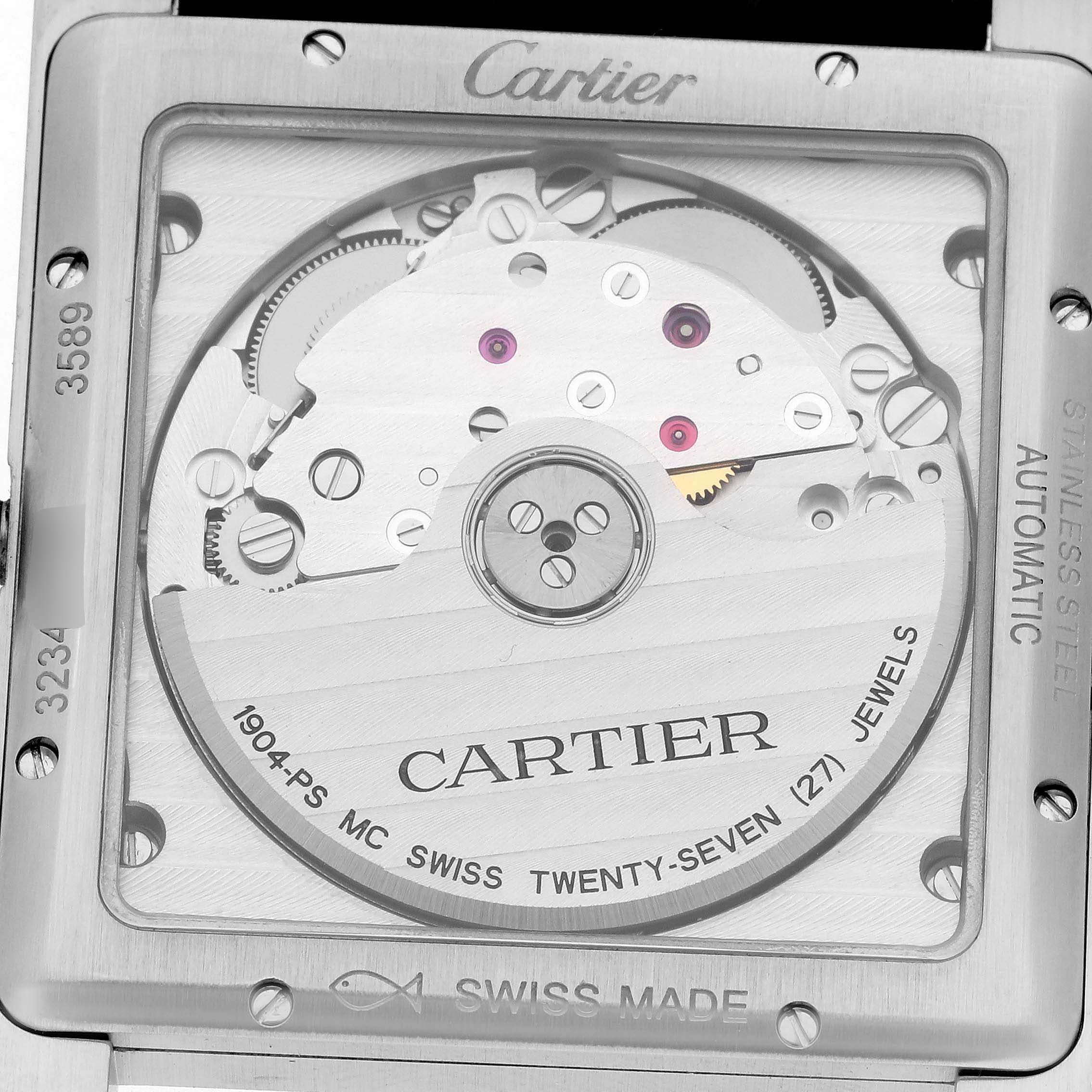 The image shows the back view of the Cartier Tank MC WSTA0010 Men's Stainless Steel Blue Dial WSTA0010 Men's Stainless Steel Blue Dial watch, highlighting its automatic movement and internal mechanics.