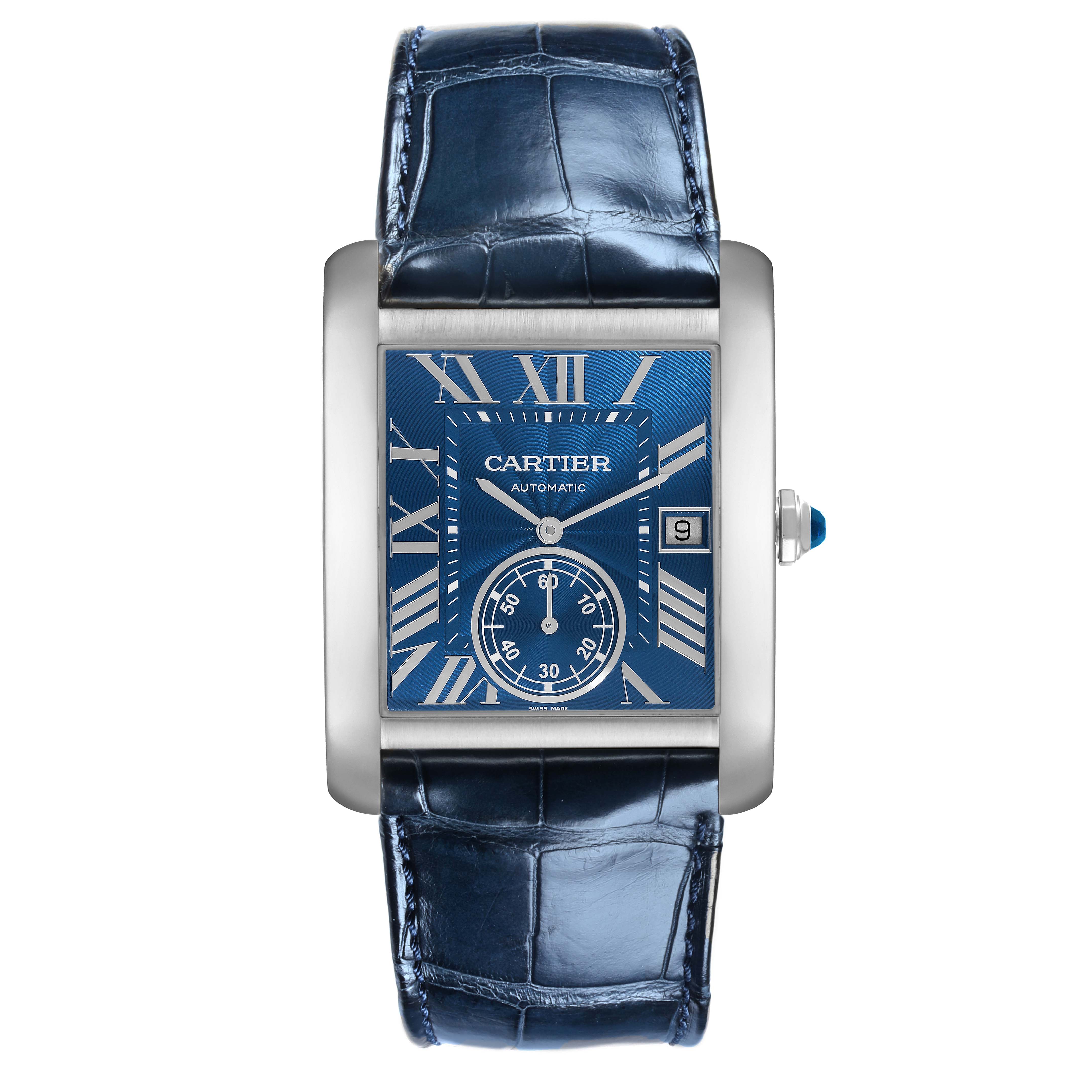 The Cartier Tank MC WSTA0010 Men's Stainless Steel Blue Dial WSTA0010 Men's Stainless Steel Blue Dial watch is shown from a top-down angle, displaying the blue dial, Roman numerals, and leather strap.