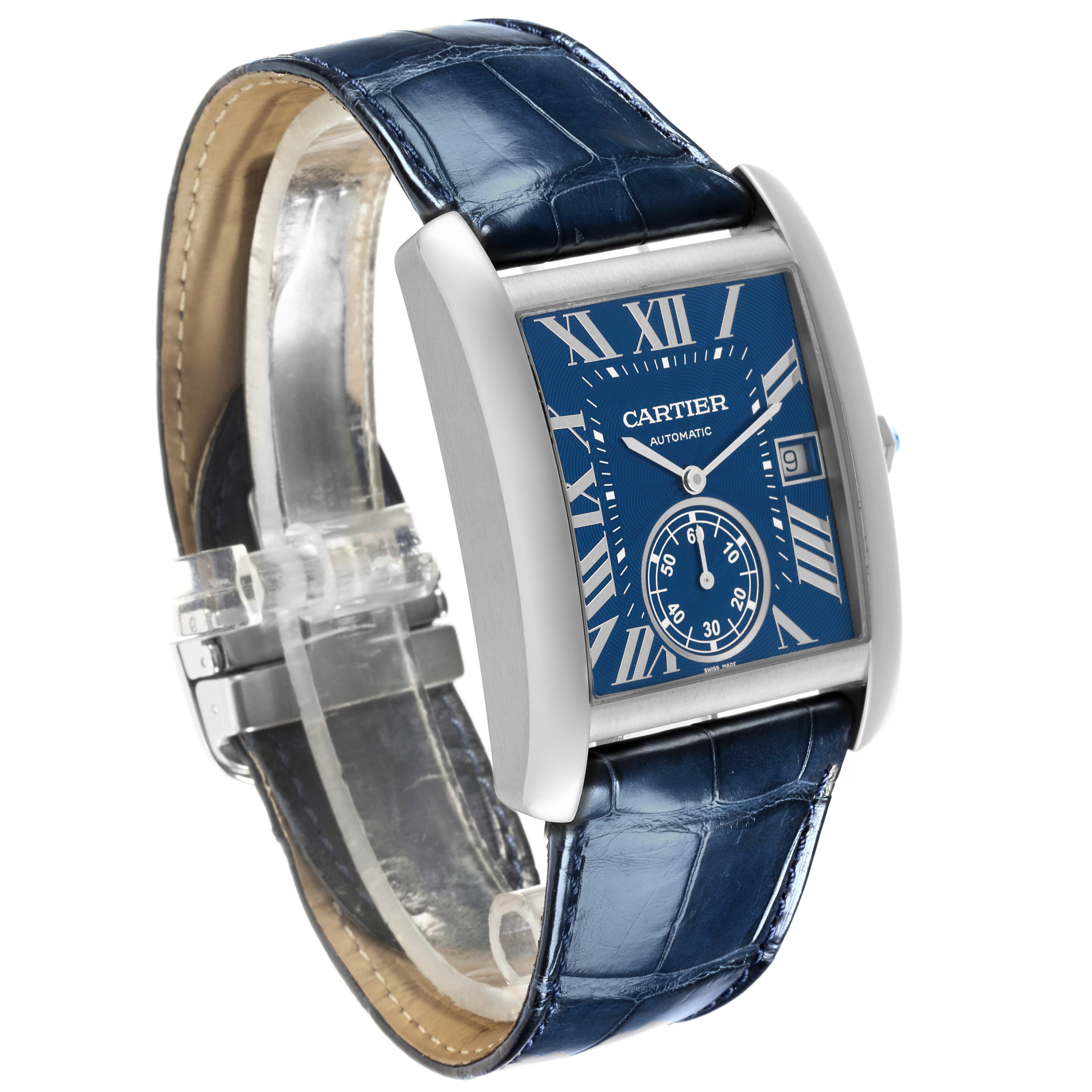 The Cartier Tank MC WSTA0010 Men's Stainless Steel Blue Dial WSTA0010 Men's Stainless Steel Blue Dial watch is shown at a slight angle, highlighting the blue dial, Roman numerals, and alligator strap.