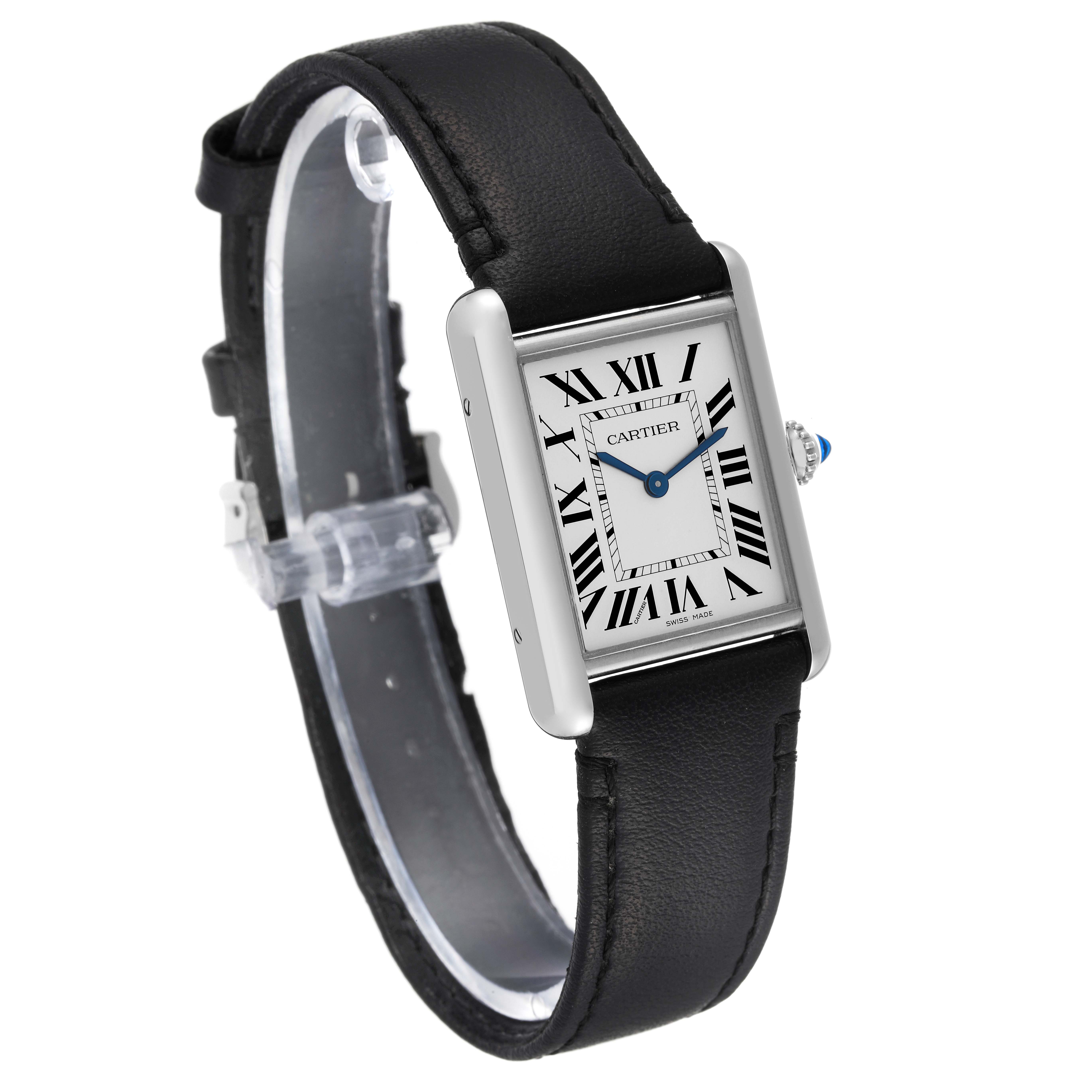 The image shows a Cartier Tank Must WSTA0059 Men's Stainless Steel Silver Dial WSTA0059 Men's Stainless Steel Silver Dial watch from a three-quarter front angle, displaying its face, case, and black leather strap.