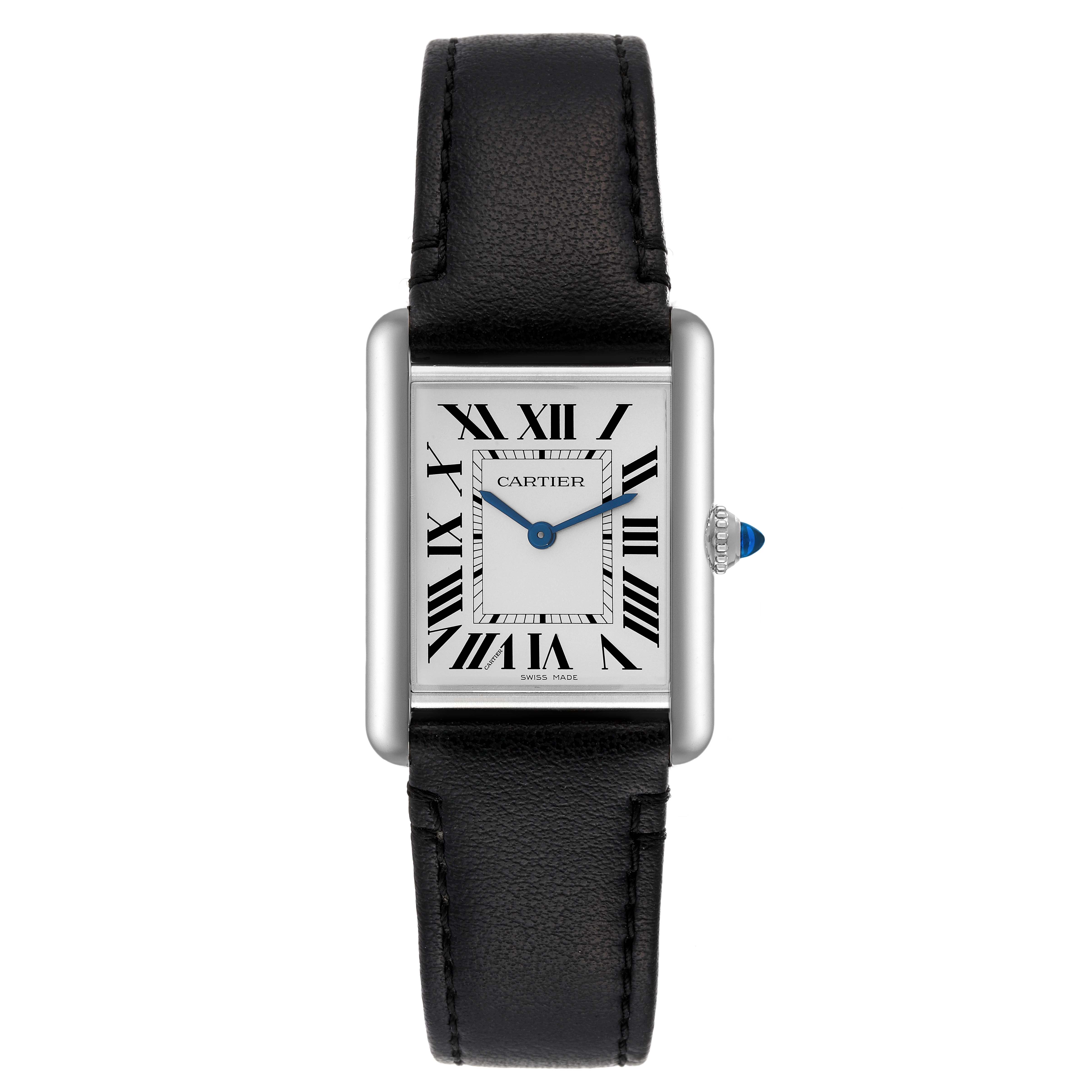 The image shows a front view of the Cartier Tank Must WSTA0059 Men's Stainless Steel Silver Dial WSTA0059 Men's Stainless Steel Silver Dial watch, highlighting its rectangular dial, Roman numerals, and black leather strap.