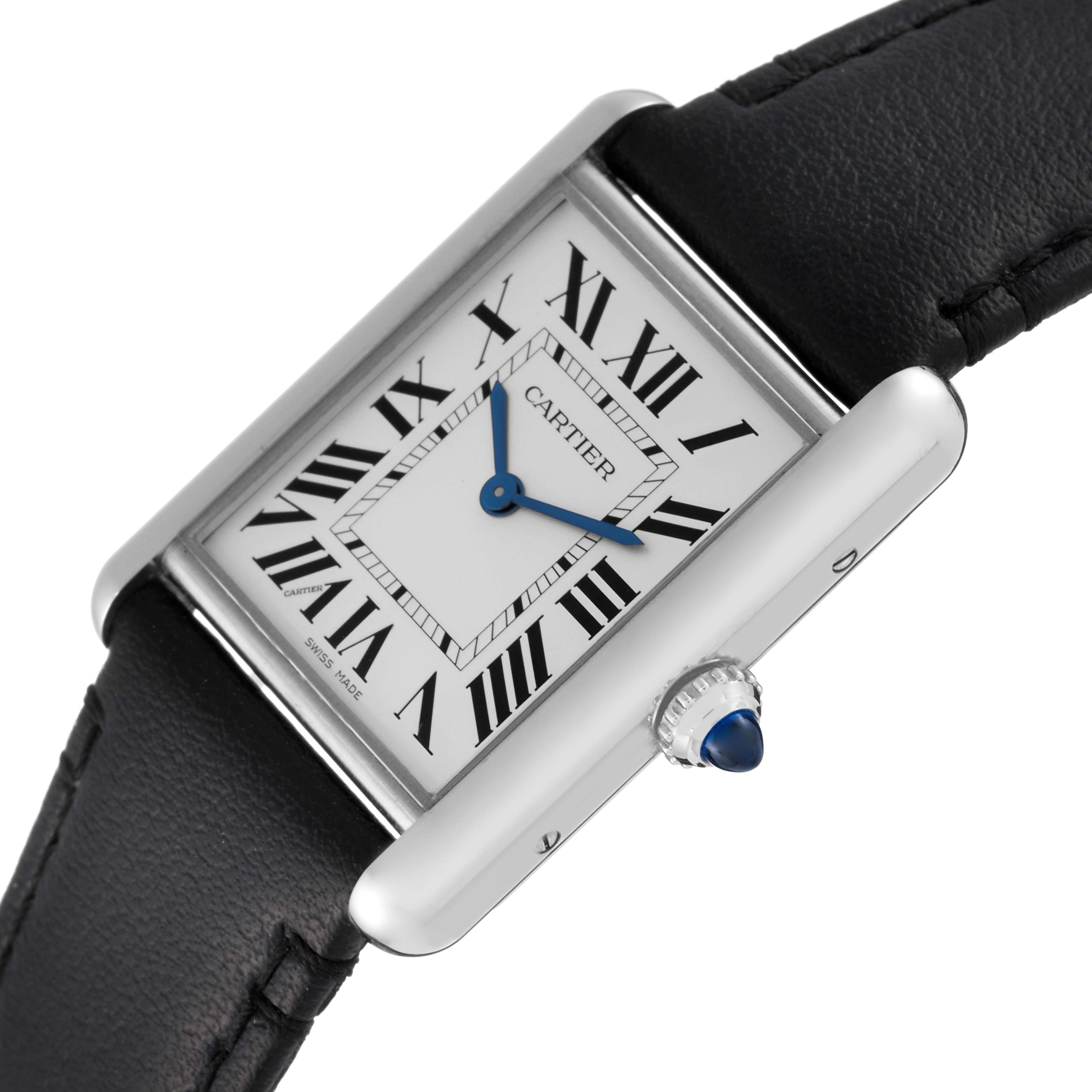 The image shows a close-up, diagonal angle of the Cartier Tank Must WSTA0059 Men's Stainless Steel Silver Dial WSTA0059 Men's Stainless Steel Silver Dial watch, highlighting the dial, crown, and leather strap.