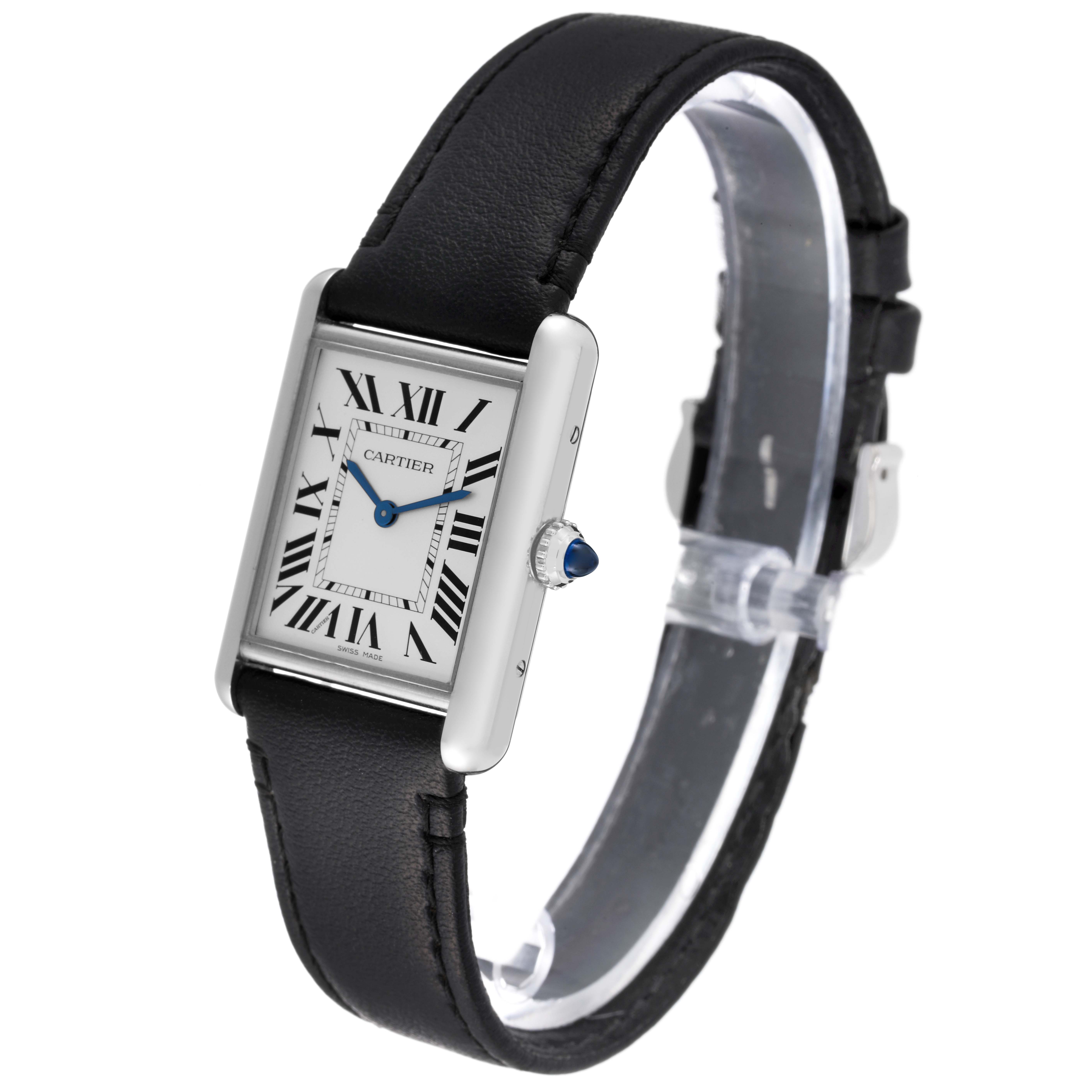The image shows a Cartier Tank Must WSTA0059 Men's Stainless Steel Silver Dial WSTA0059 Men's Stainless Steel Silver Dial watch at a three-quarter angle, displaying the face, strap, and crown.