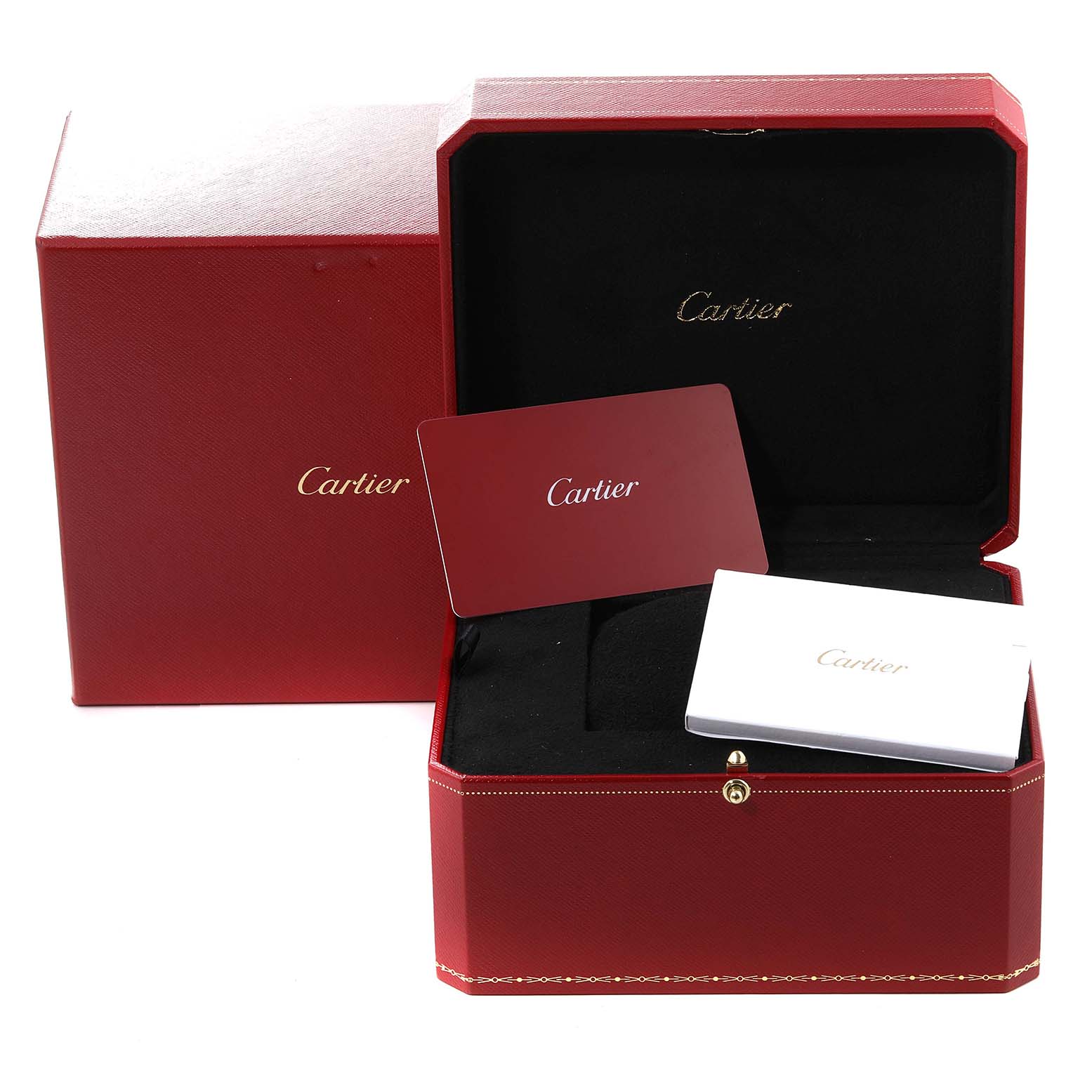 This image shows a Cartier Tank Must WSTA0059 Men's Stainless Steel Silver Dial WSTA0059 Men's Stainless Steel Silver Dial watch box and accompanying accessories, including a warranty card and user manual.