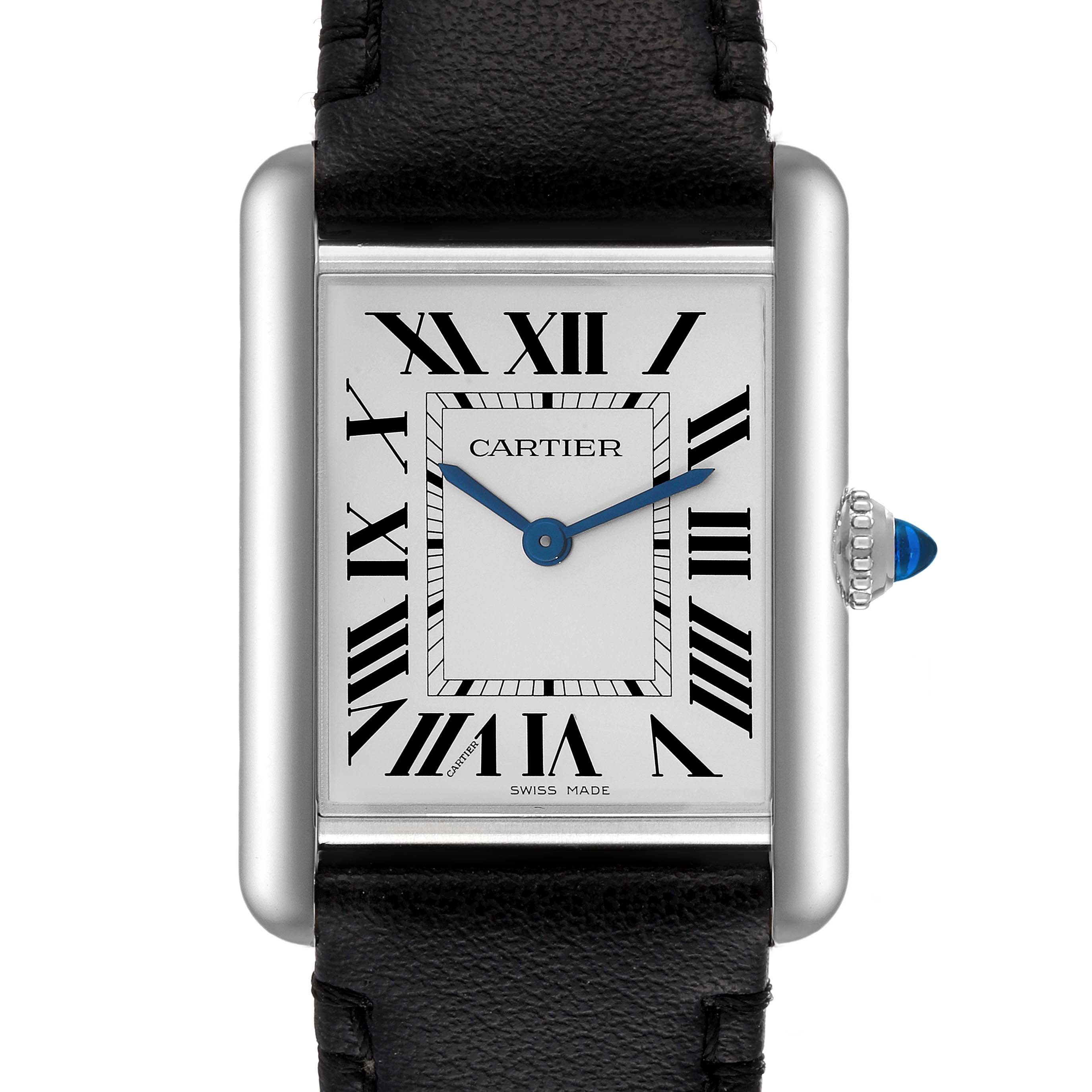 The image shows a frontal view of the Cartier Tank Must WSTA0059 Men's Stainless Steel Silver Dial WSTA0059 Men's Stainless Steel Silver Dial watch, highlighting its rectangular face, Roman numerals, and black leather strap.