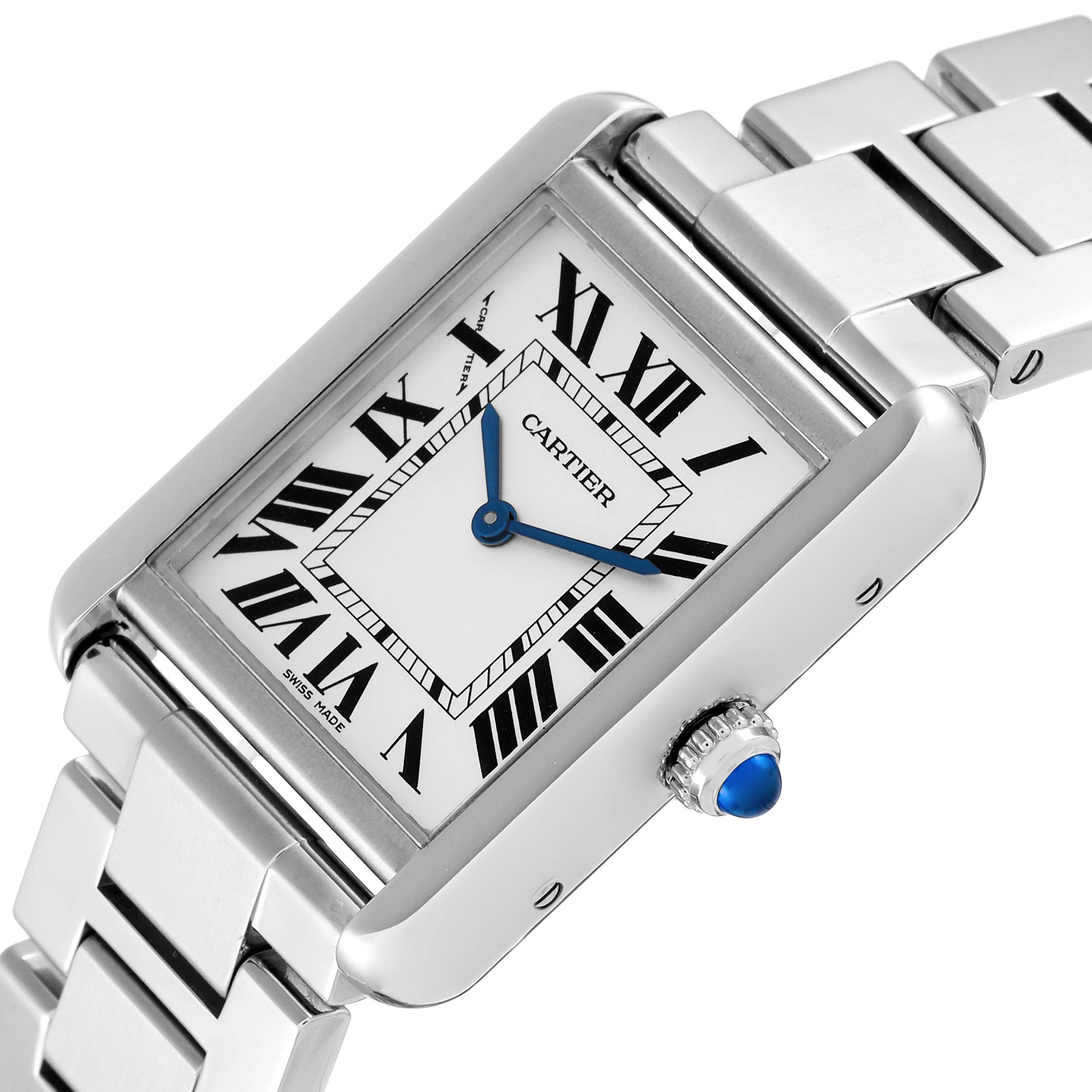 The image shows a Cartier Tank Solo W5200013 Women
s Stainless Steel Silver Dial W5200013 Women
s Stainless Steel Silver Dial watch from an angled view, highlighting the face, crown, and metal bracelet.