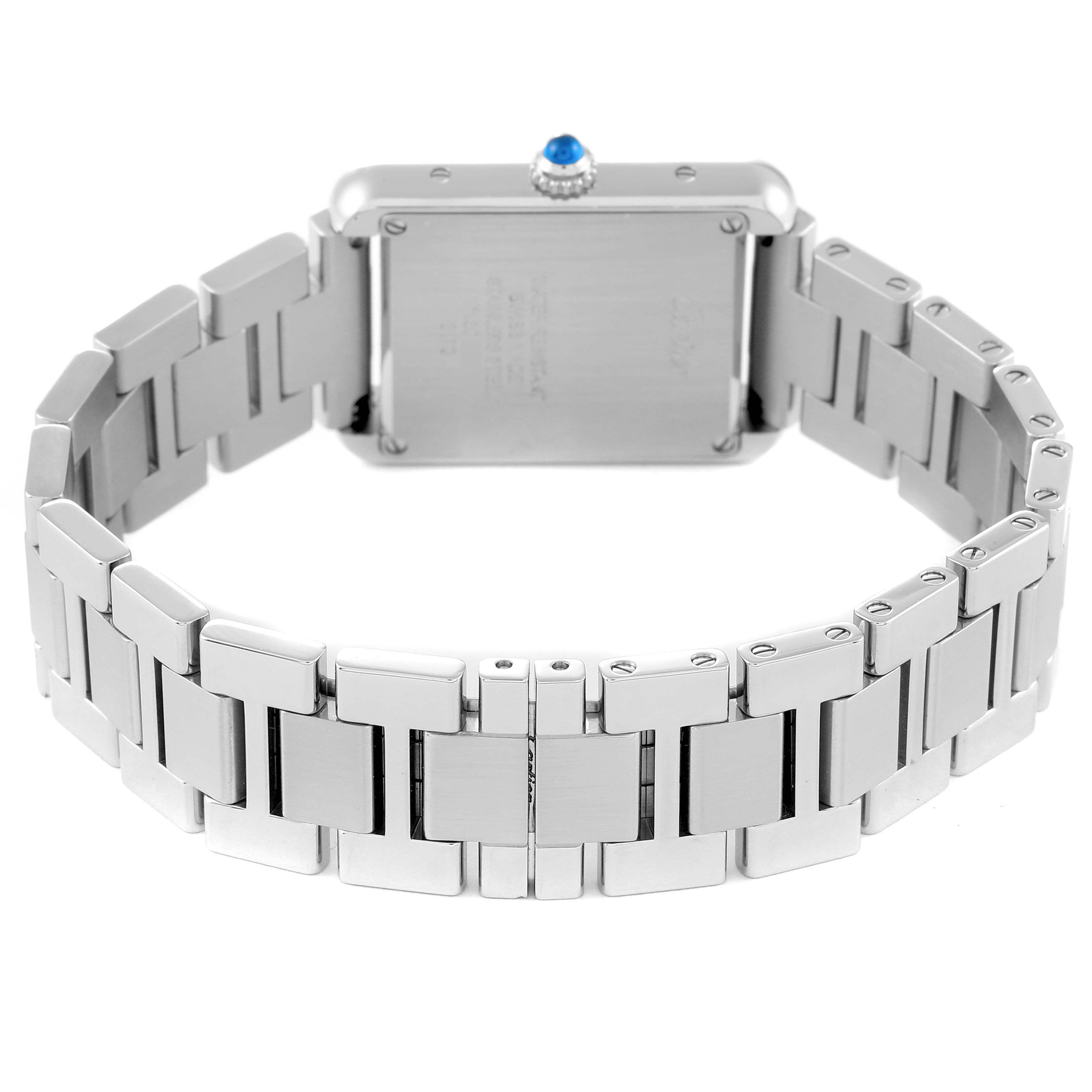 The image shows the back and bracelet of a Cartier Tank Solo W5200013 Women
s Stainless Steel Silver Dial W5200013 Women
s Stainless Steel Silver Dial watch, highlighting its stainless-steel band and caseback.