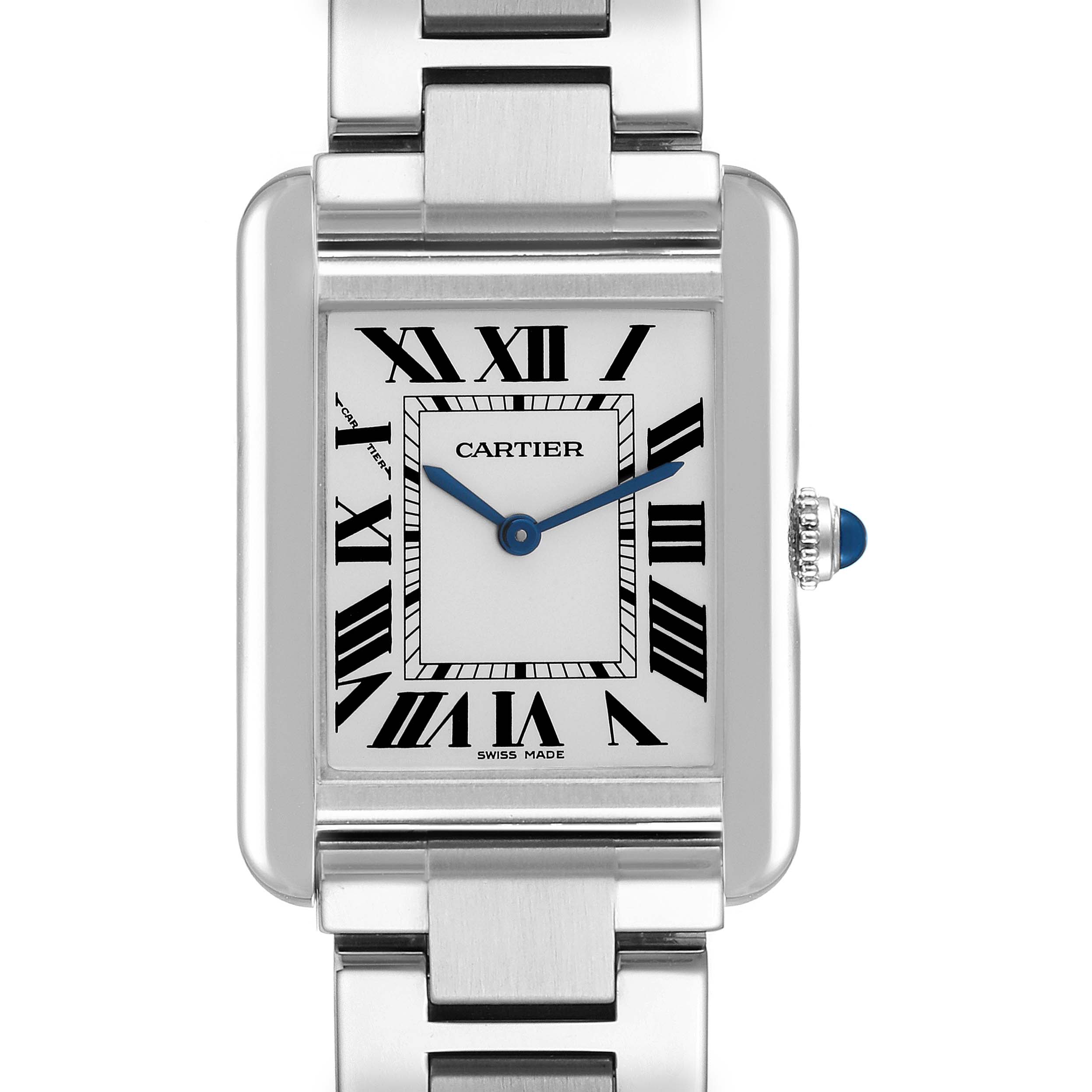 The image shows a frontal view of the Cartier Tank Solo W5200013 Women
s Stainless Steel Silver Dial W5200013 Women
s Stainless Steel Silver Dial watch, highlighting the rectangular face, Roman numerals, and metal bracelet.
