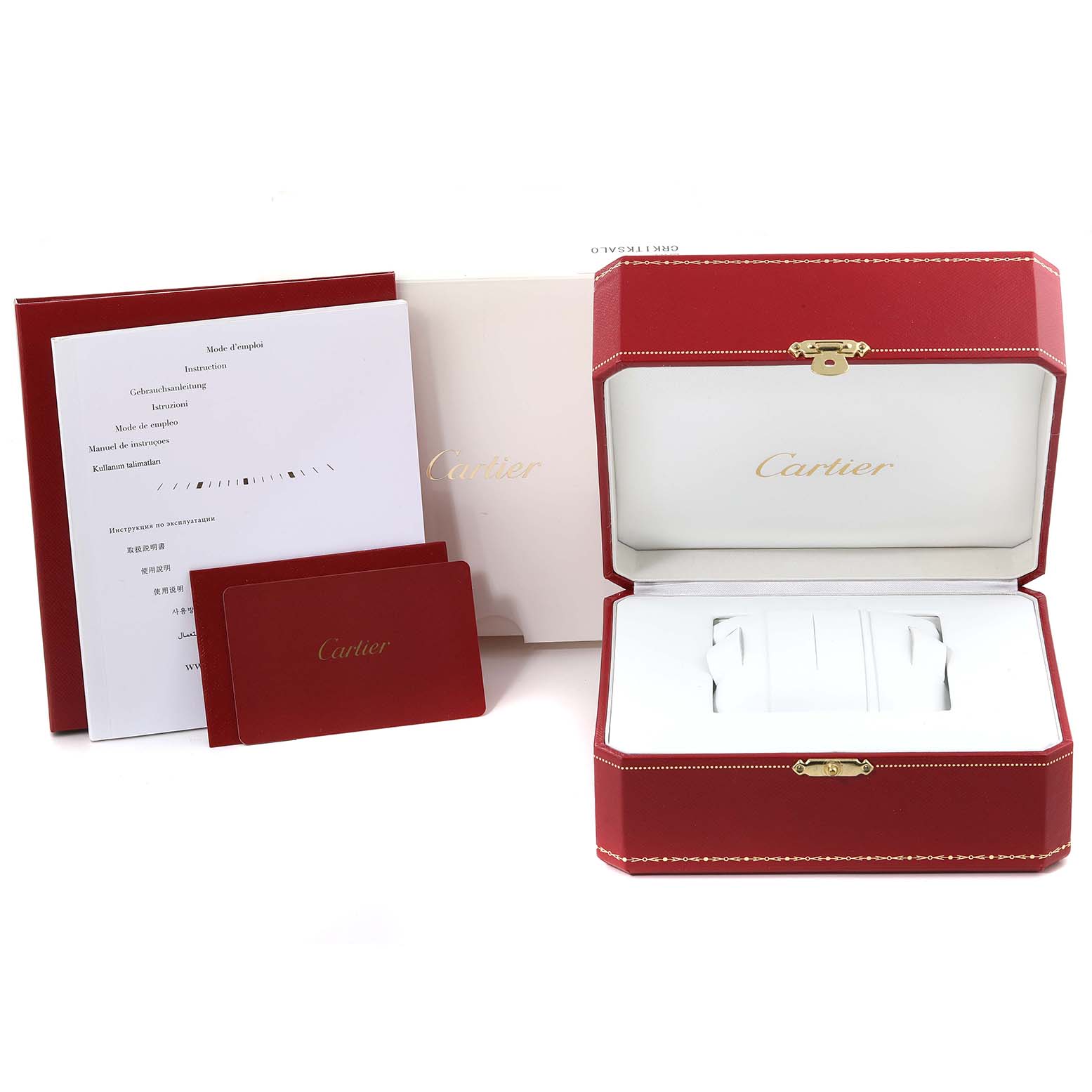 The image shows the packaging, manuals, case, and documents for a Cartier Tank Solo W5200013 Women
s Stainless Steel Silver Dial W5200013 Women
s Stainless Steel Silver Dial watch.