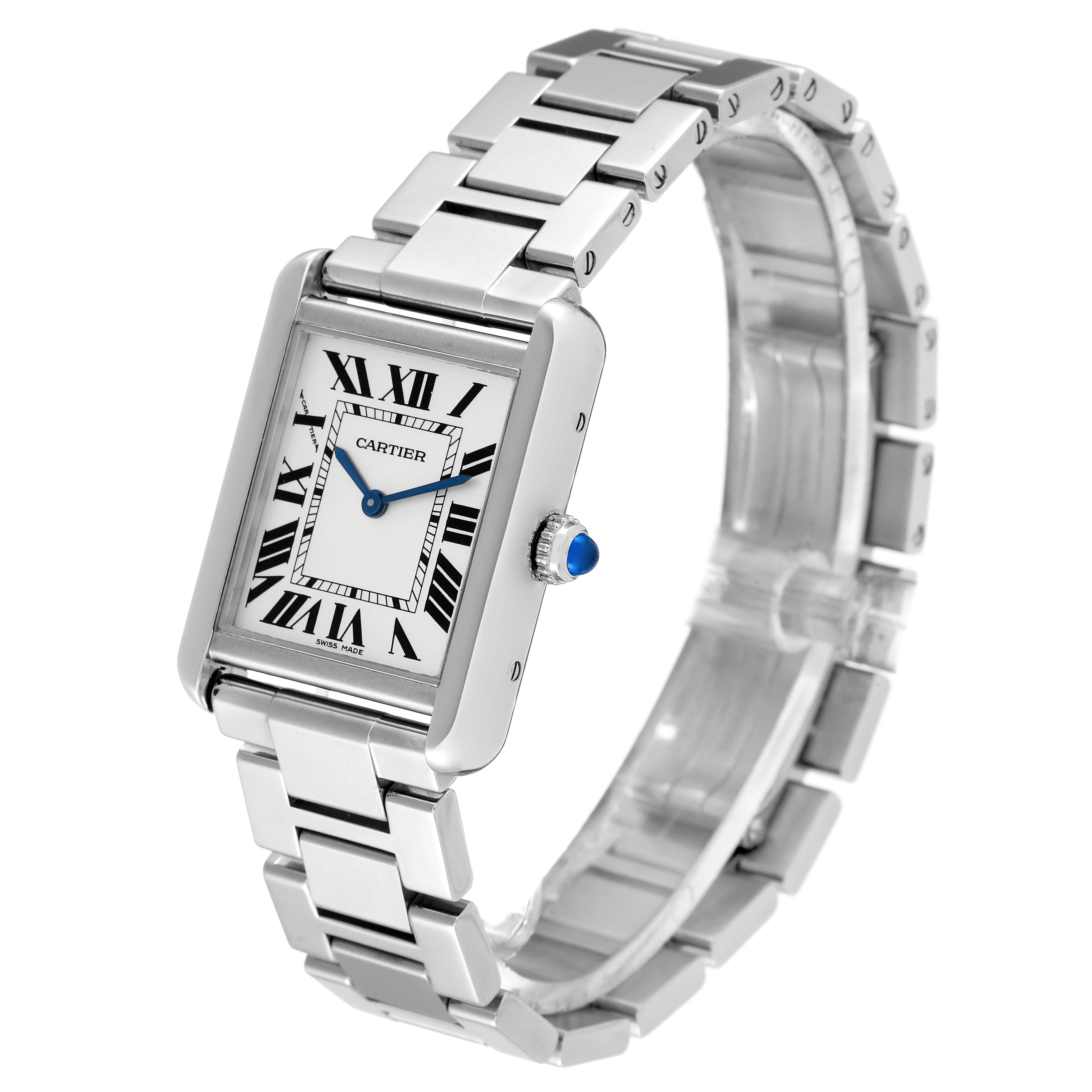 The Cartier Tank Solo W5200013 Women
s Stainless Steel Silver Dial W5200013 Women
s Stainless Steel Silver Dial watch is shown at a three-quarter angle, highlighting its face, bezel, bracelet, and crown.