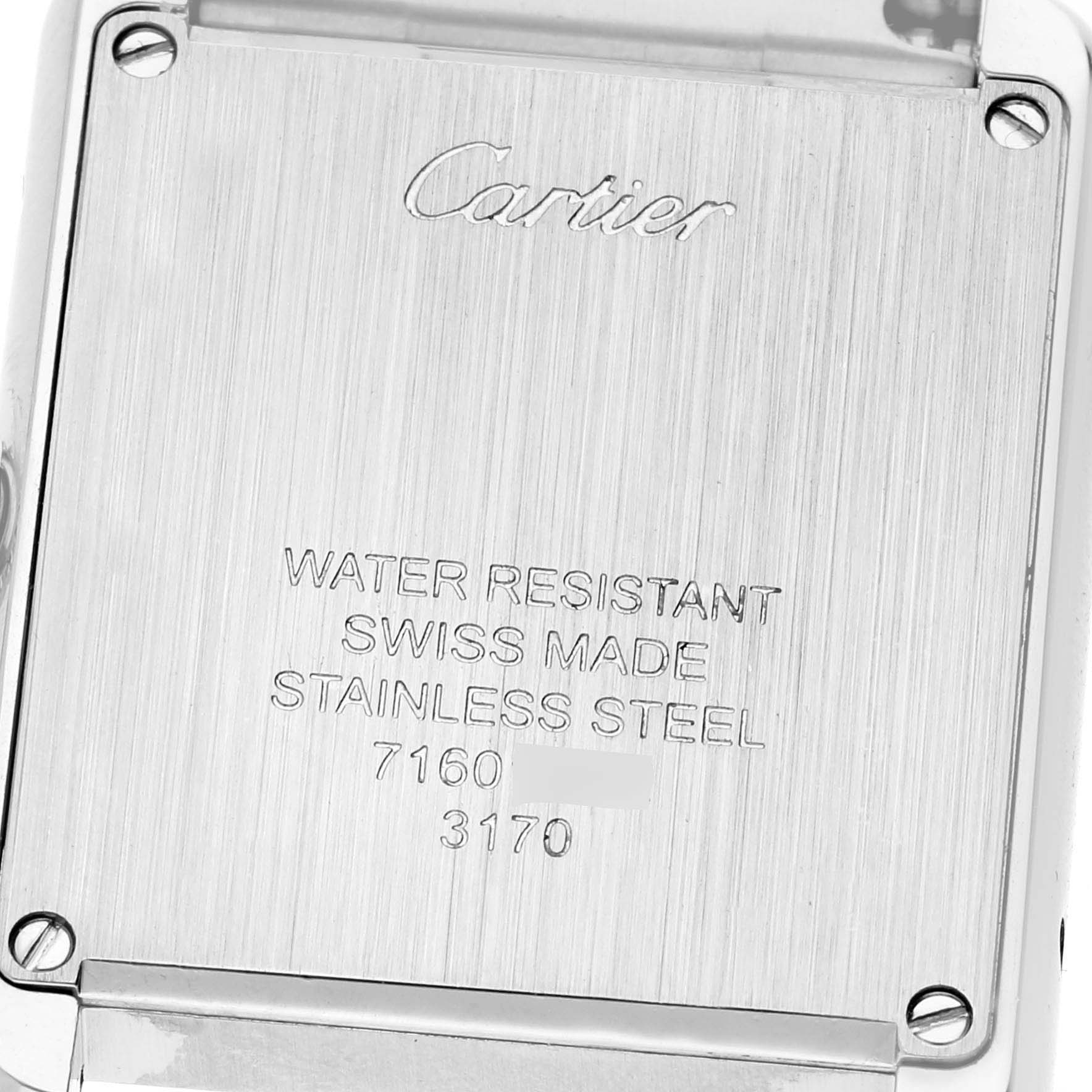 This image shows the back of the Cartier Tank Solo W5200013 Women
s Stainless Steel Silver Dial W5200013 Women
s Stainless Steel Silver Dial watch, highlighting its water resistance and stainless steel features.