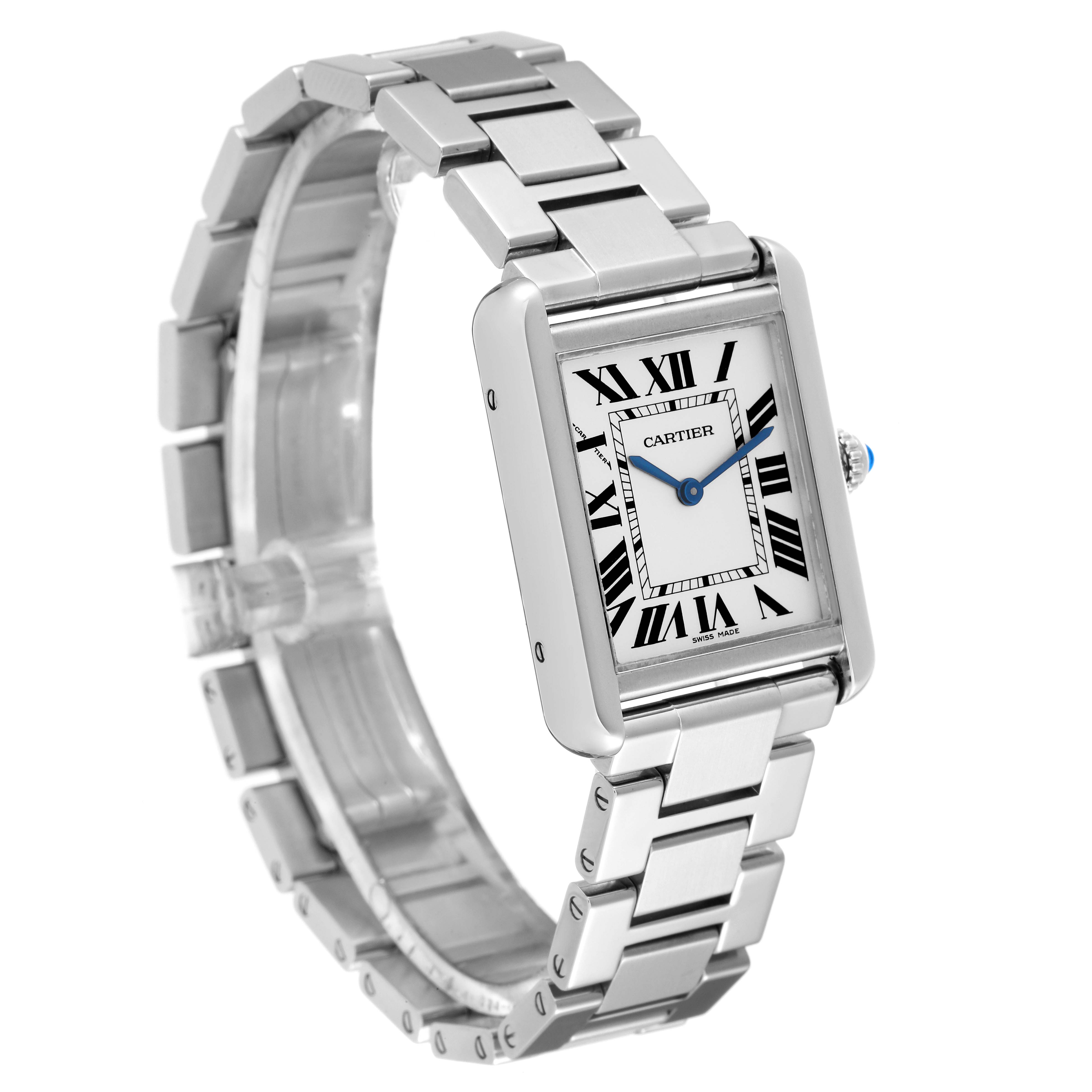 This image shows a Cartier Tank Solo W5200013 Women
s Stainless Steel Silver Dial W5200013 Women
s Stainless Steel Silver Dial watch angled to display the face, bezel, and part of the bracelet.