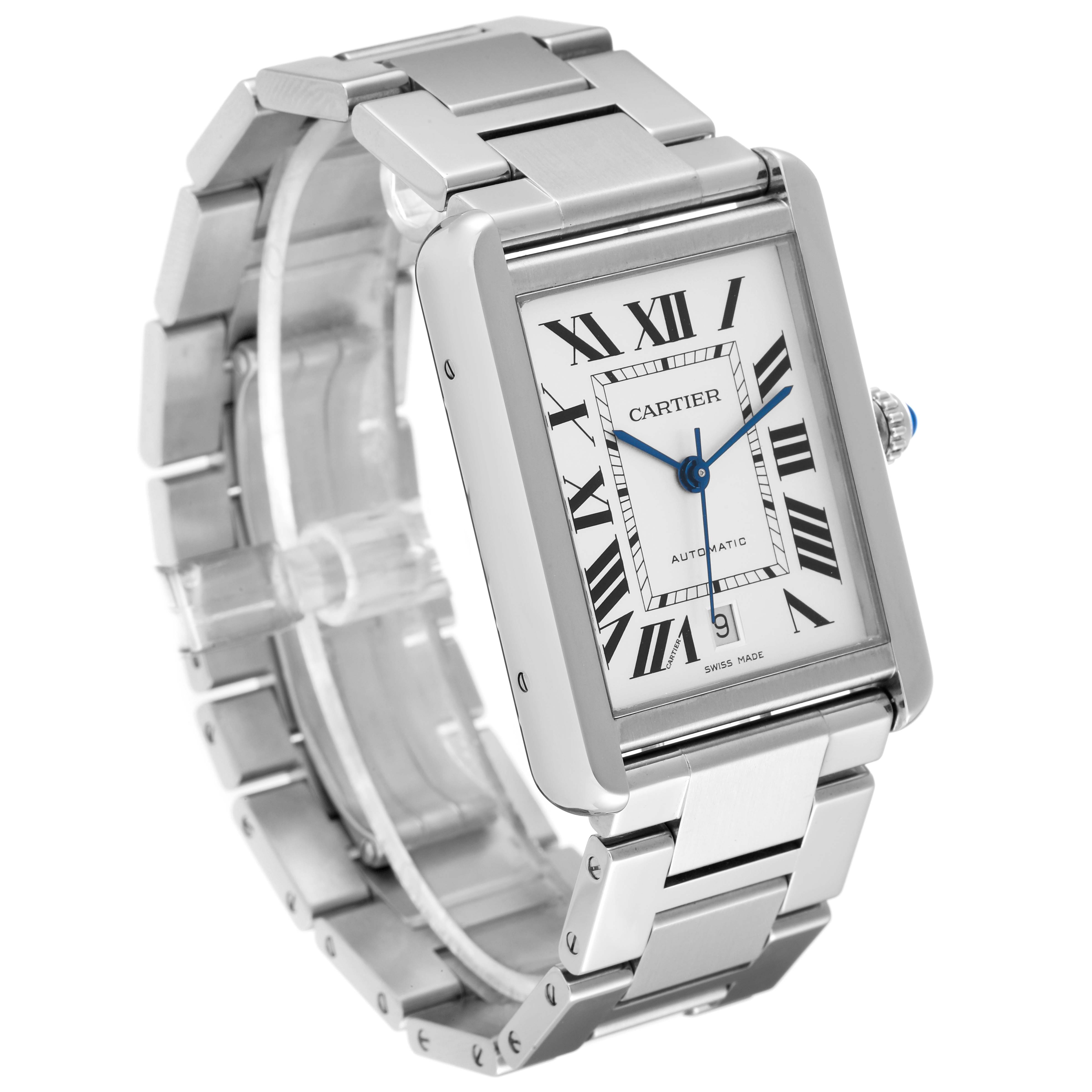 The image shows a Cartier Tank Solo W5200028 Men
s Stainless Steel Silver Dial W5200028 Men
s Stainless Steel Silver Dial watch at a three-quarter angle, highlighting its face, crown, and stainless steel bracelet.