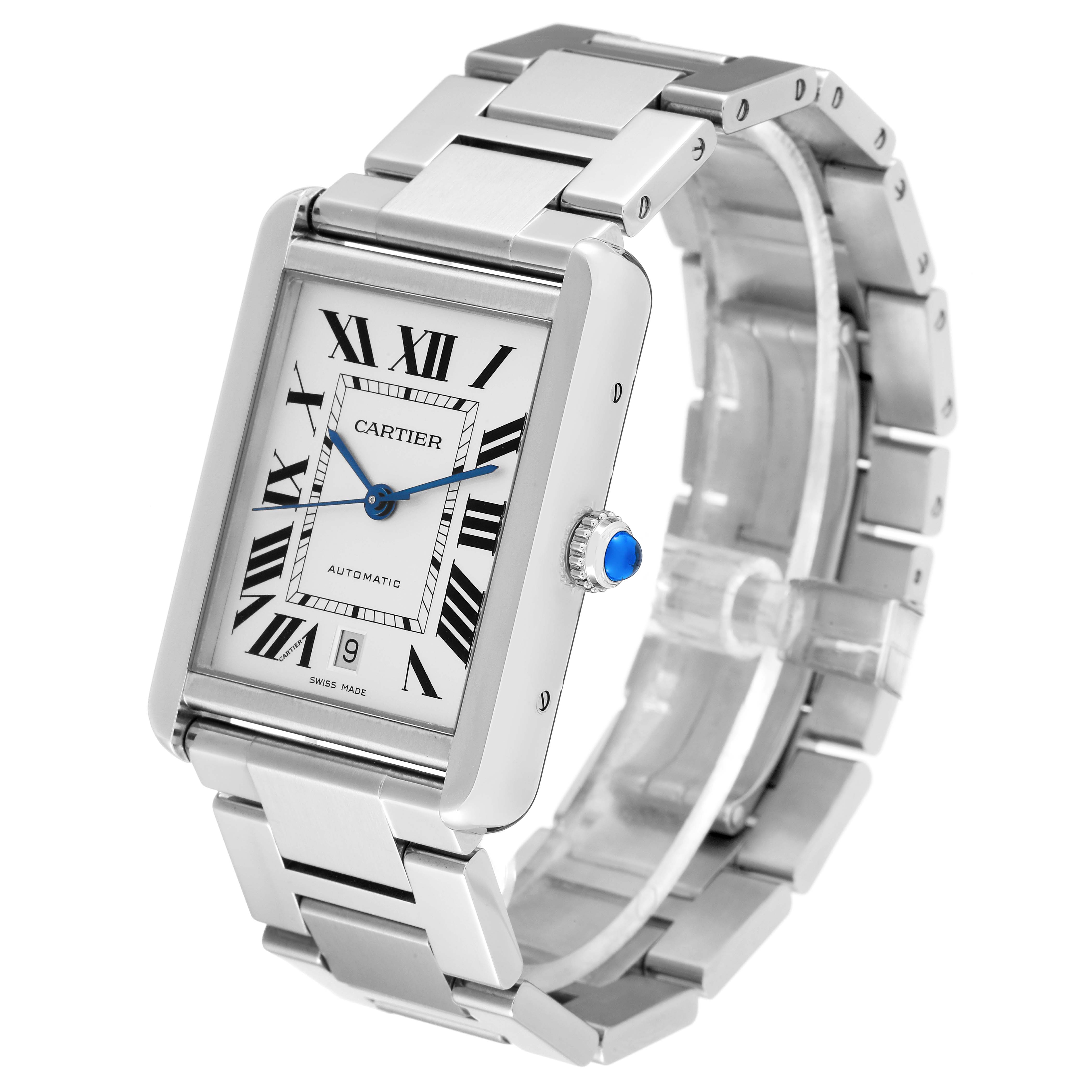 The image shows a Cartier Tank Solo W5200028 Men
s Stainless Steel Silver Dial W5200028 Men
s Stainless Steel Silver Dial watch at a three-quarter angle, displaying its face, bracelet, and crown.