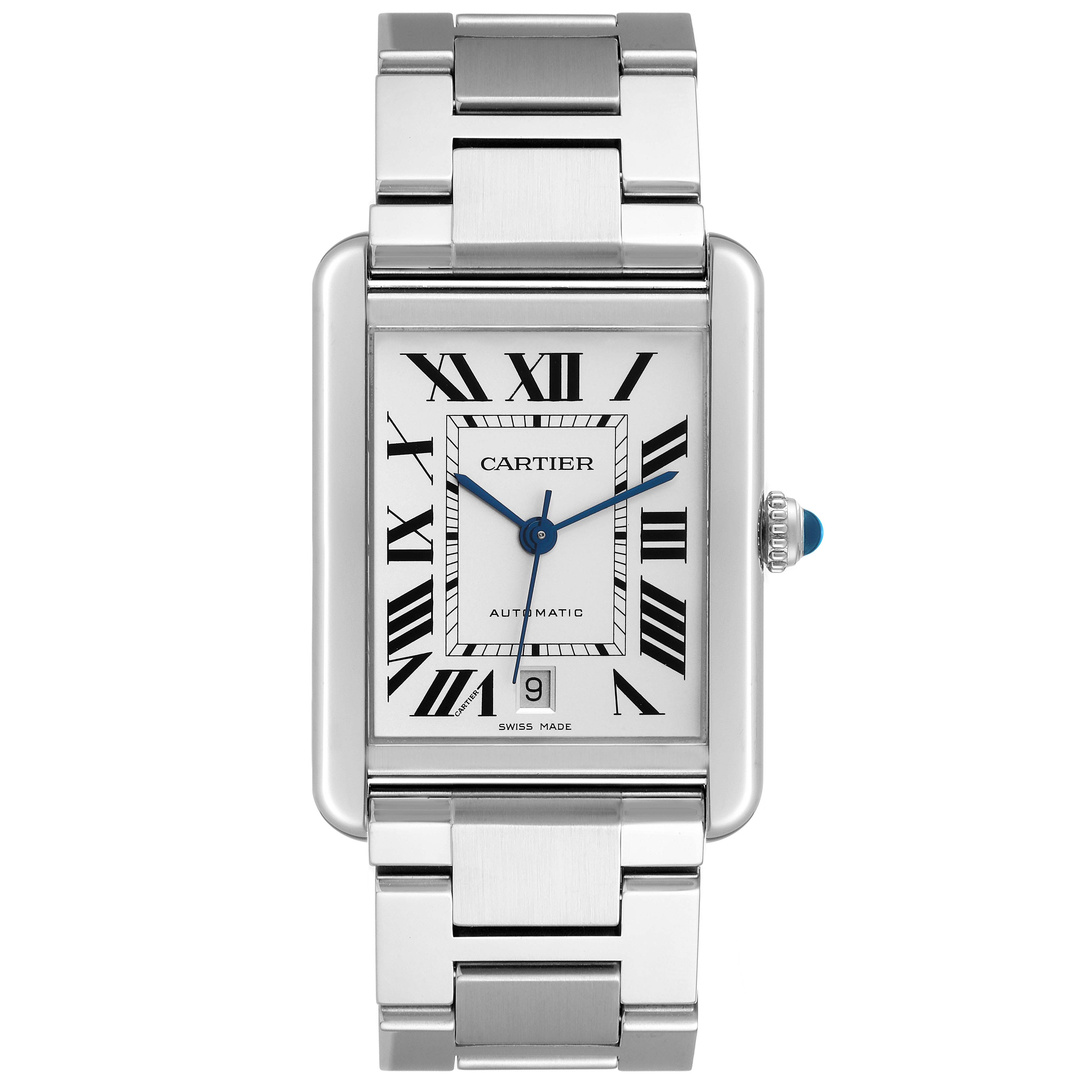 The image shows a Tank Solo watch by Cartier from a front angle, highlighting its rectangular face, Roman numerals, and metal bracelet.