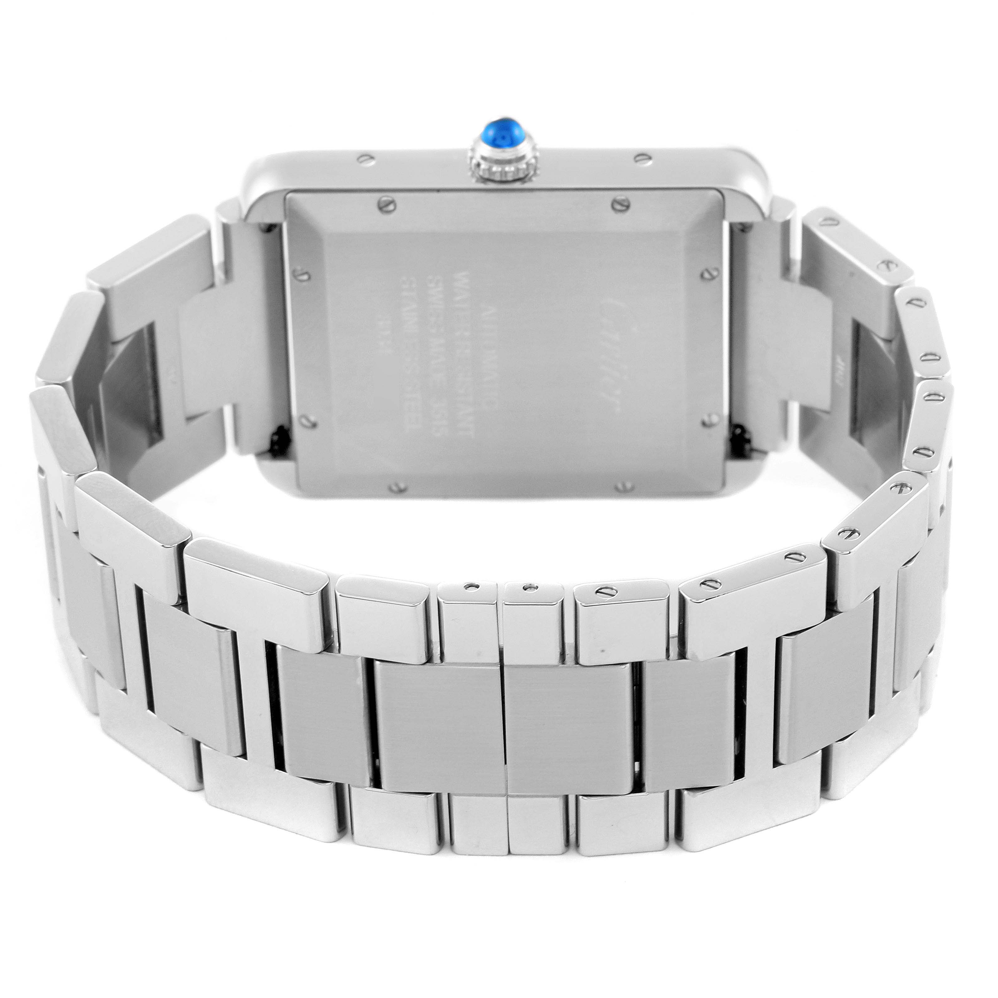 This image shows the back view of the Cartier Tank Solo W5200028 Men
s Stainless Steel Silver Dial W5200028 Men
s Stainless Steel Silver Dial watch, highlighting the bracelet and case back.