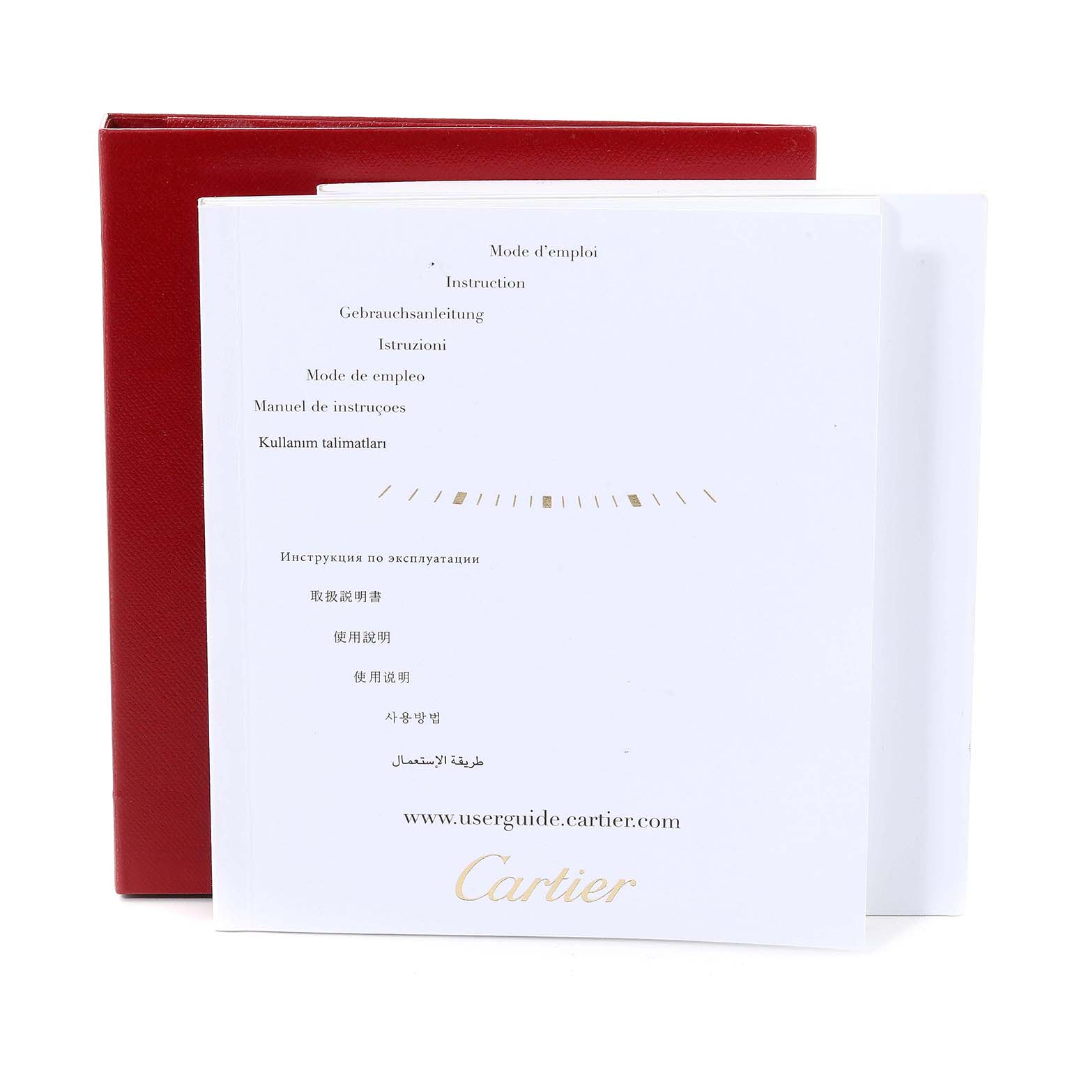 This image shows the instruction manual and red storage box for the Cartier Tank Solo W5200028 Men
s Stainless Steel Silver Dial W5200028 Men
s Stainless Steel Silver Dial watch from a front angle.