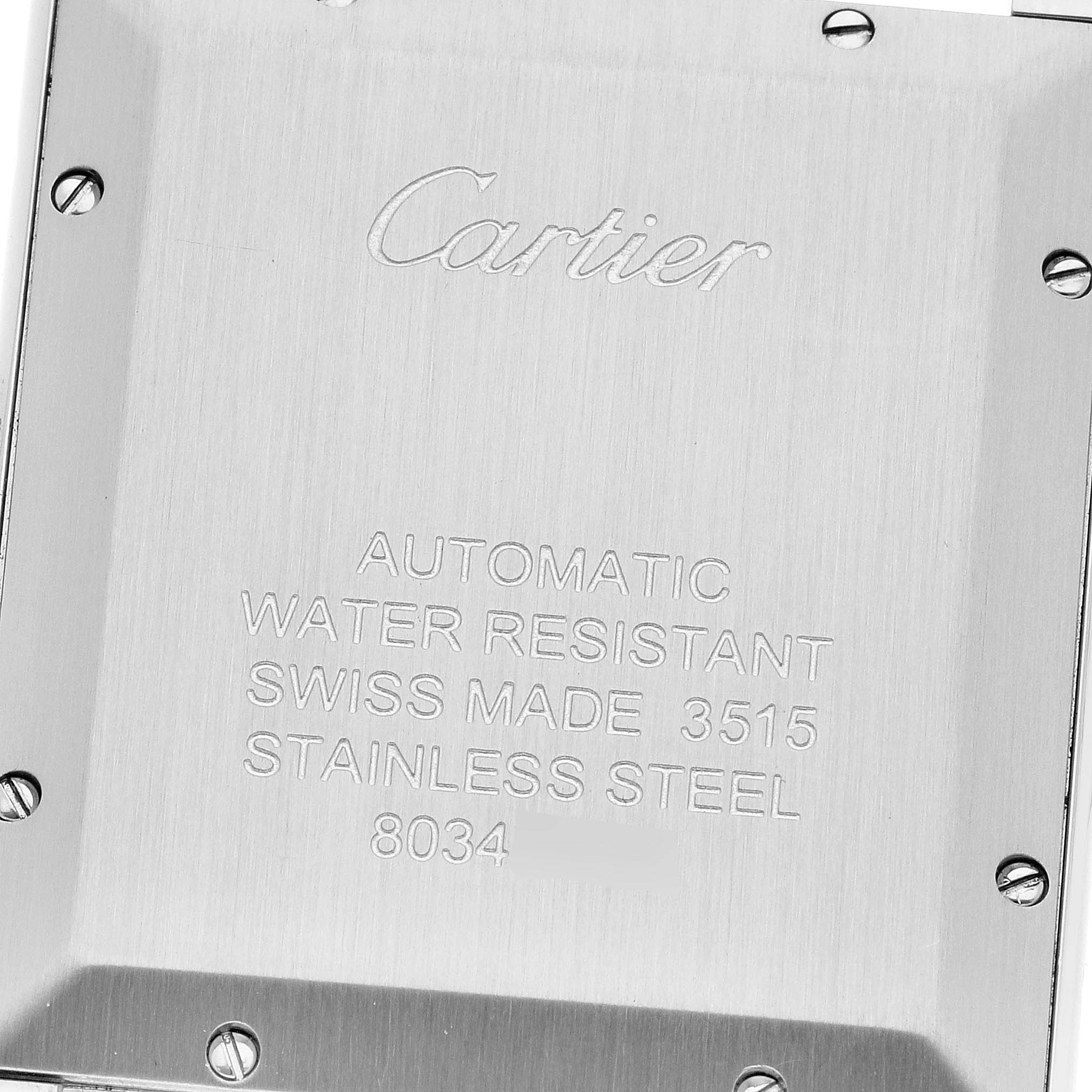 This is a close-up of the back case of a Cartier Tank Solo W5200028 Men
s Stainless Steel Silver Dial W5200028 Men
s Stainless Steel Silver Dial watch.