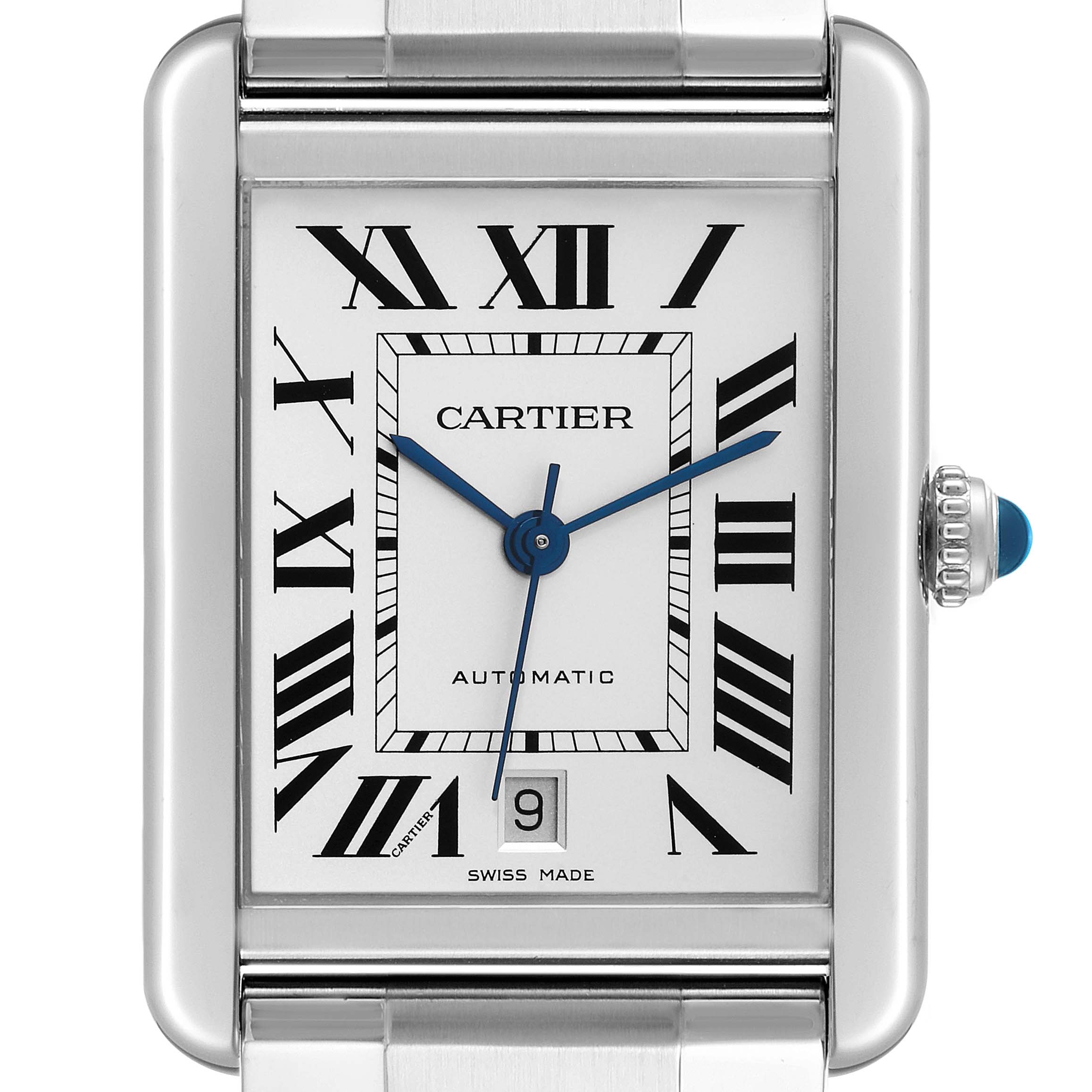 This image shows a close-up, front-facing view of the Cartier Tank Solo W5200028 Men
s Stainless Steel Silver Dial W5200028 Men
s Stainless Steel Silver Dial watch, highlighting the dial, hands, and bezel.
