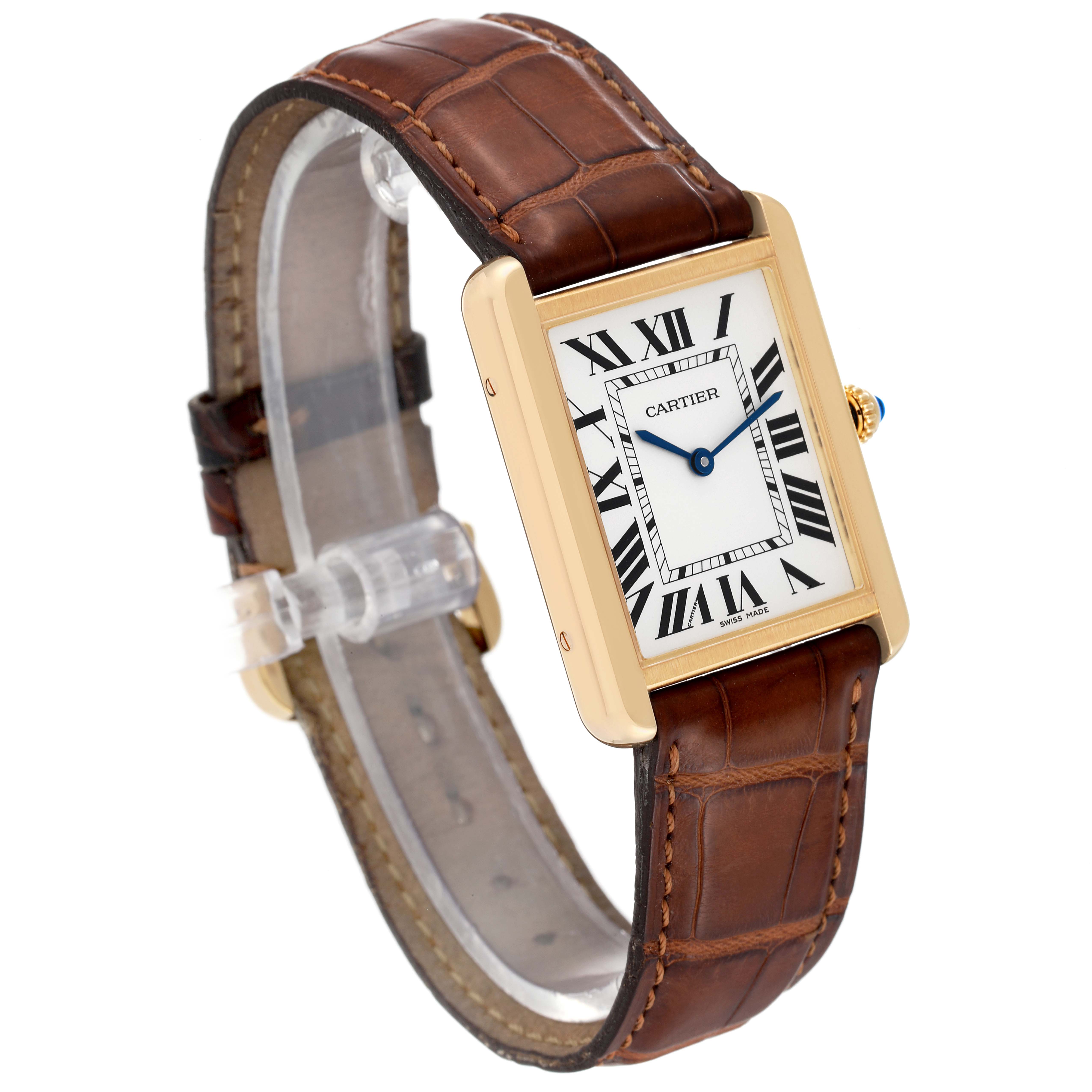 The image shows a side-angle view of the Cartier Tank Solo W5200004 Men's Yellow Gold Silver Dial W5200004 Men's Yellow Gold Silver Dial watch, featuring a leather strap and a rectangular face with Roman numerals.