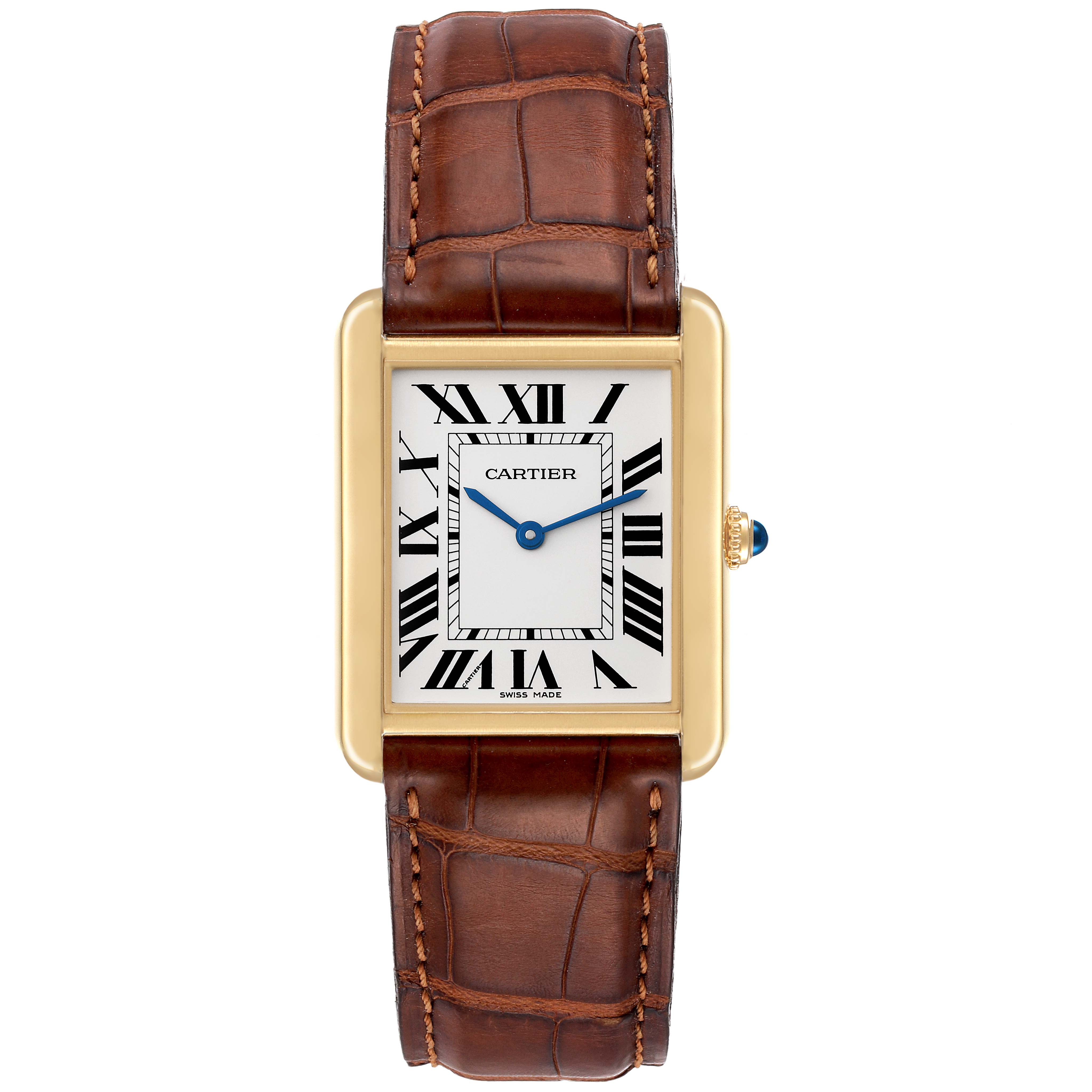 This image shows a frontal view of a Cartier Tank Solo W5200004 Men's Yellow Gold Silver Dial W5200004 Men's Yellow Gold Silver Dial watch with its rectangular face, Roman numeral markers, and leather strap.