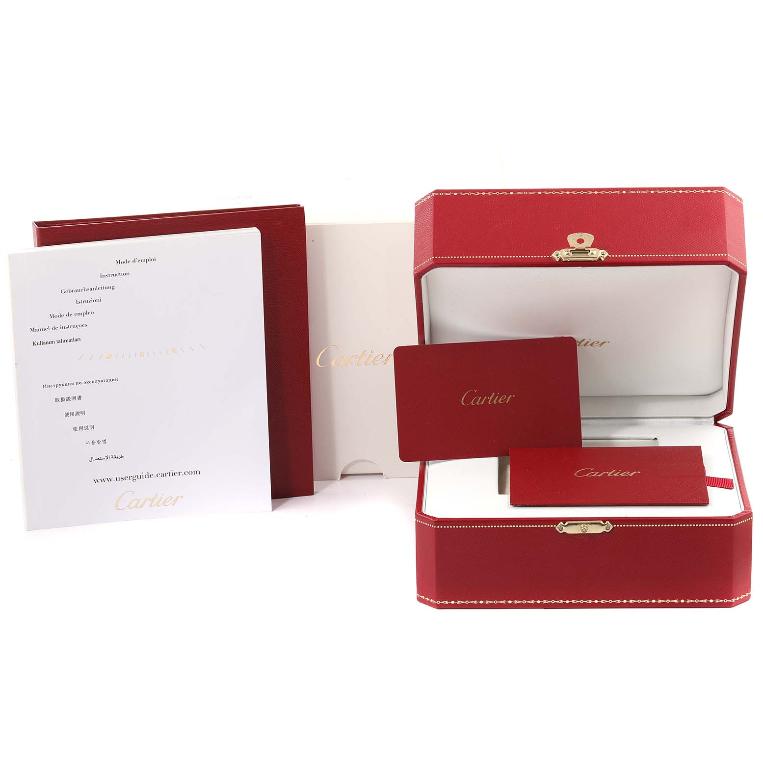 The image shows the packaging and accessories for the Cartier Tank Solo W5200004 Men's Yellow Gold Silver Dial W5200004 Men's Yellow Gold Silver Dial watch, including the box, warranty card, and instruction manual.