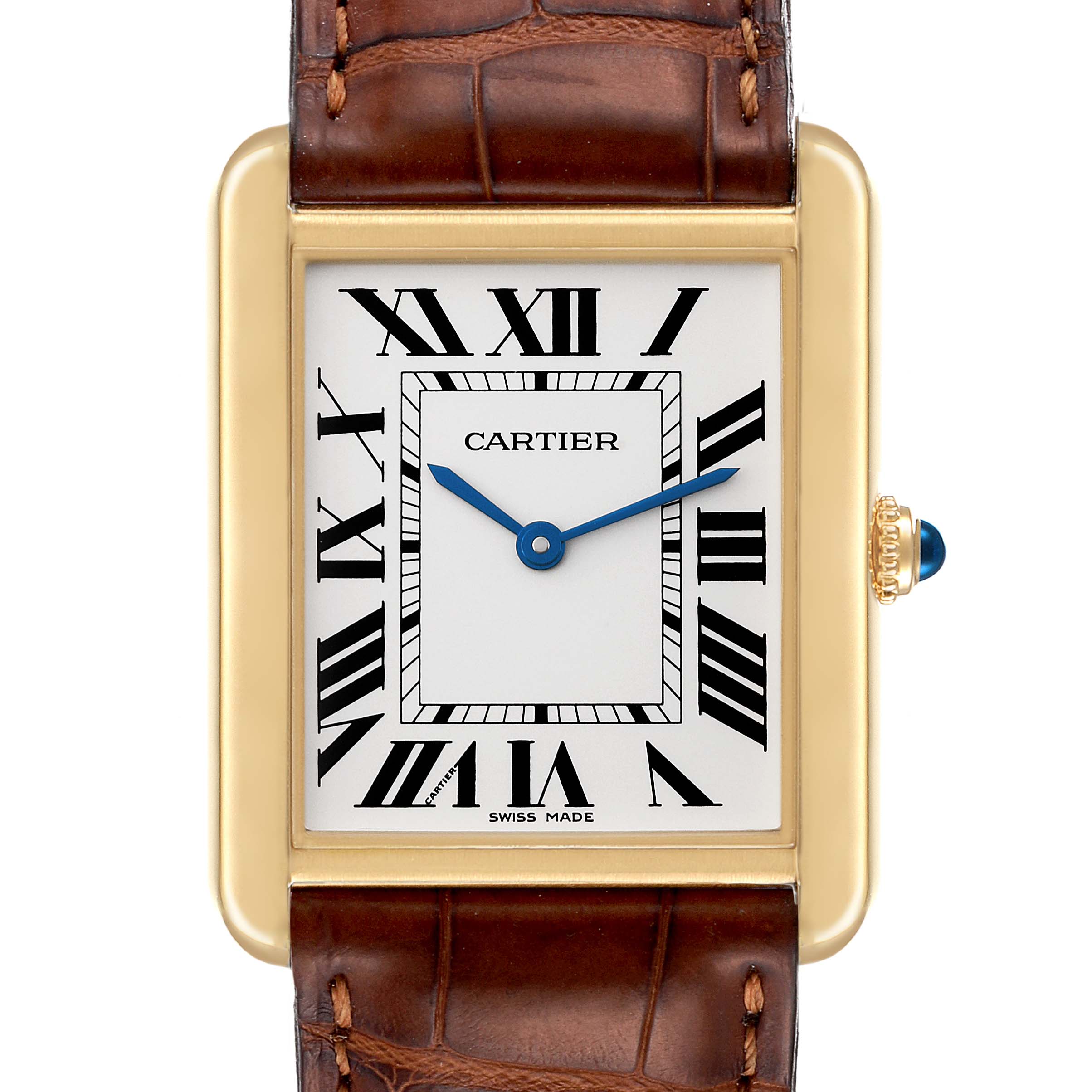 The image shows a frontal view of a Cartier Tank Solo W5200004 Men's Yellow Gold Silver Dial W5200004 Men's Yellow Gold Silver Dial watch with a brown leather strap and gold rectangular case.