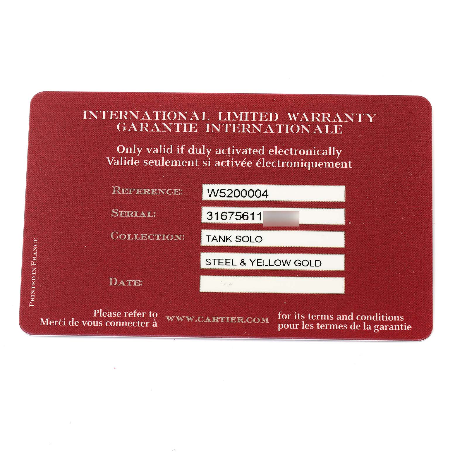 This image shows the international limited warranty card for the Cartier Tank Solo W5200004 Men's Yellow Gold Silver Dial W5200004 Men's Yellow Gold Silver Dial watch.