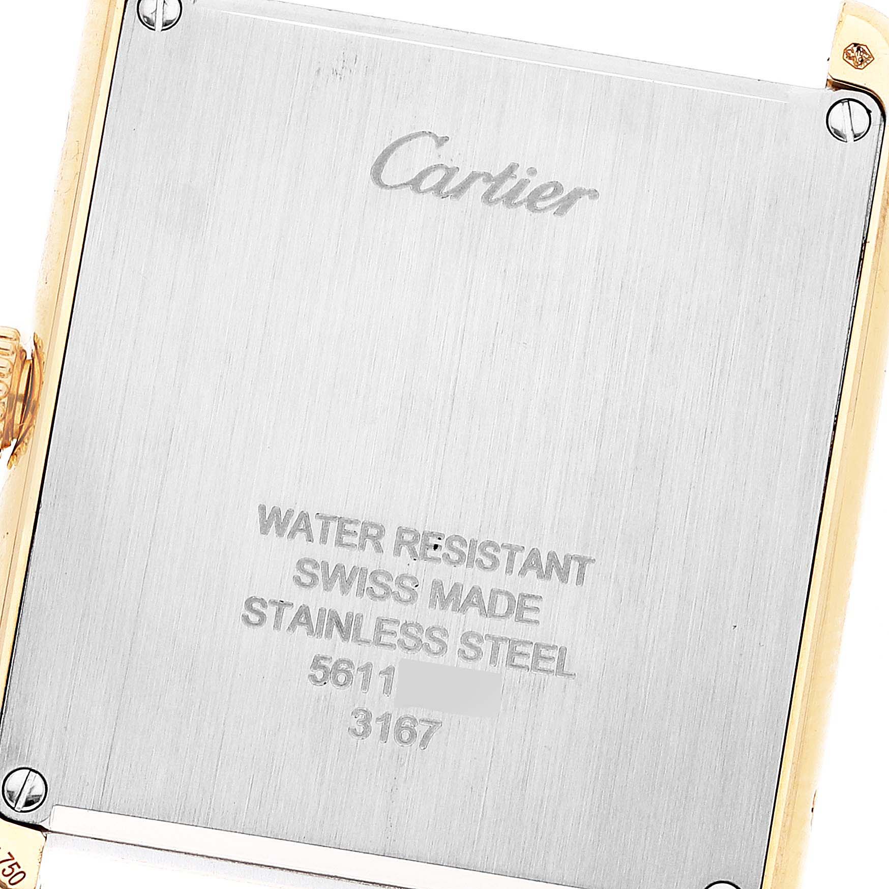 The image shows the back case of the Tank Solo watch by Cartier, highlighting engravings and the brand's name.