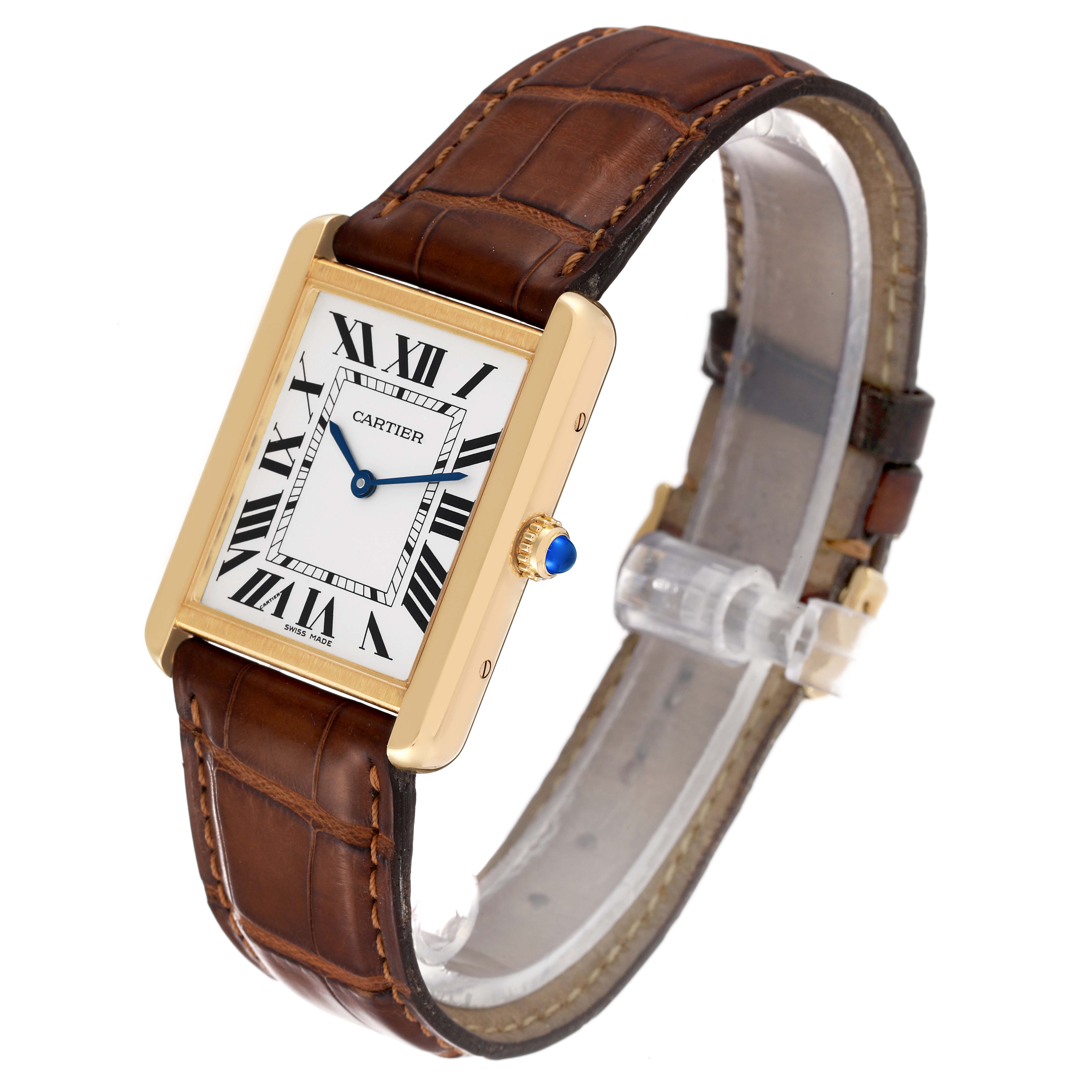 This image shows a Cartier Tank Solo W5200004 Men's Yellow Gold Silver Dial W5200004 Men's Yellow Gold Silver Dial watch at a three-quarter angle, highlighting the face, crown, and brown leather strap.