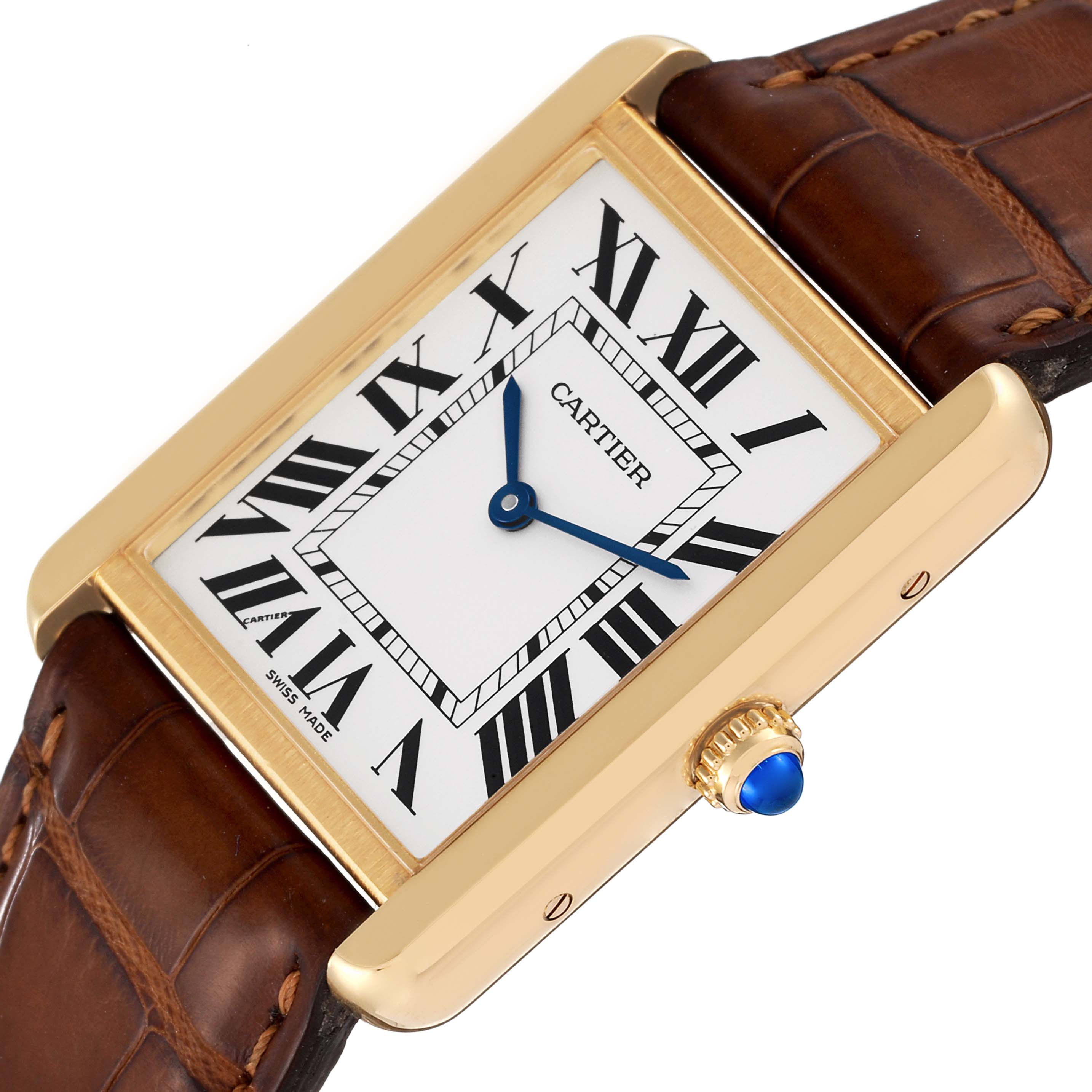 This Cartier Tank Solo W5200004 Men's Yellow Gold Silver Dial W5200004 Men's Yellow Gold Silver Dial watch is shown from an angled view, displaying the face, roman numerals, hands, case, crown, and brown leather strap.