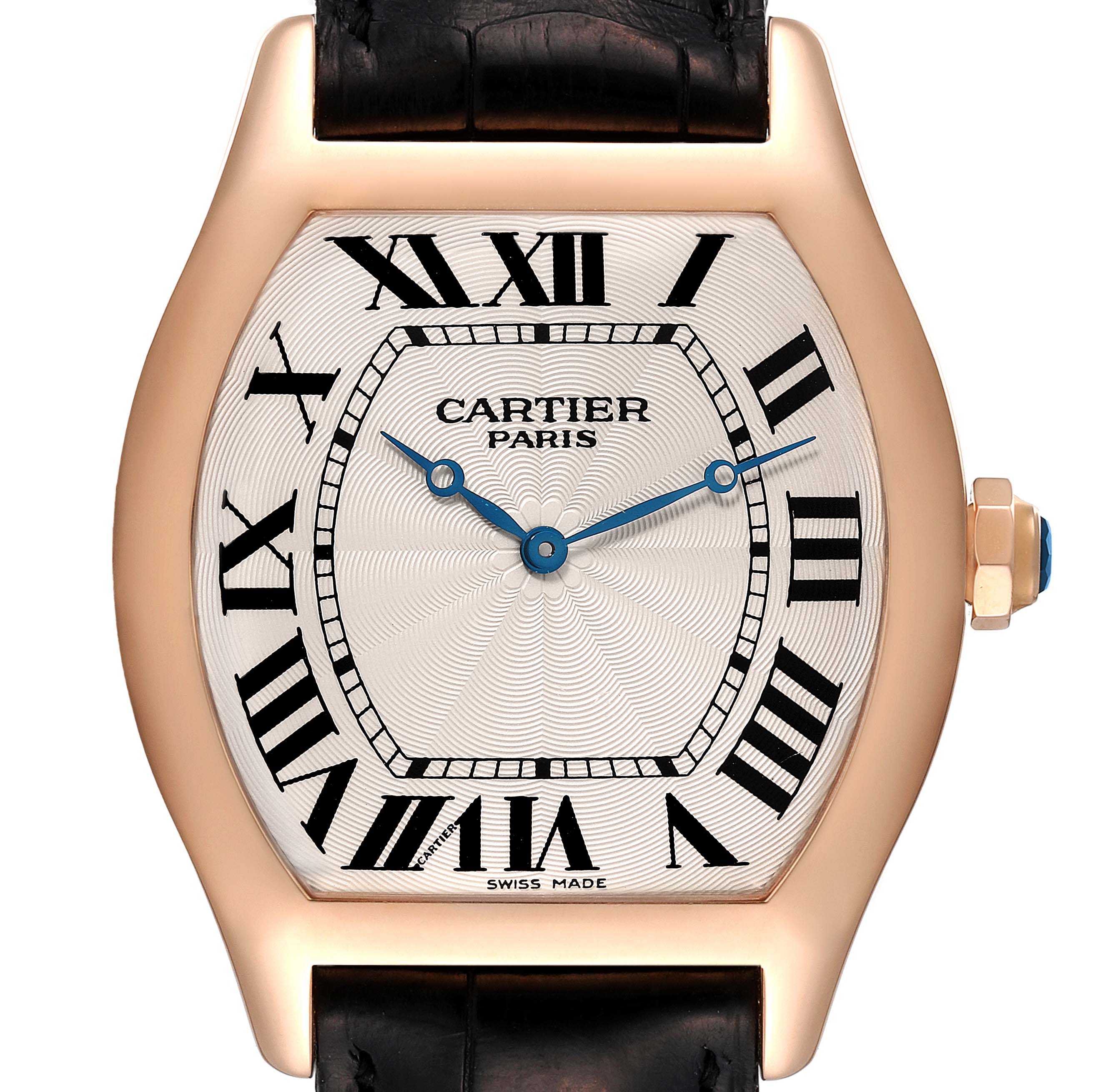 The image shows a front view of the Cartier Tortue W1546051 Men's Rose Gold Silver Dial W1546051 Men's Rose Gold Silver Dial watch, displaying its face, bezel, and strap.