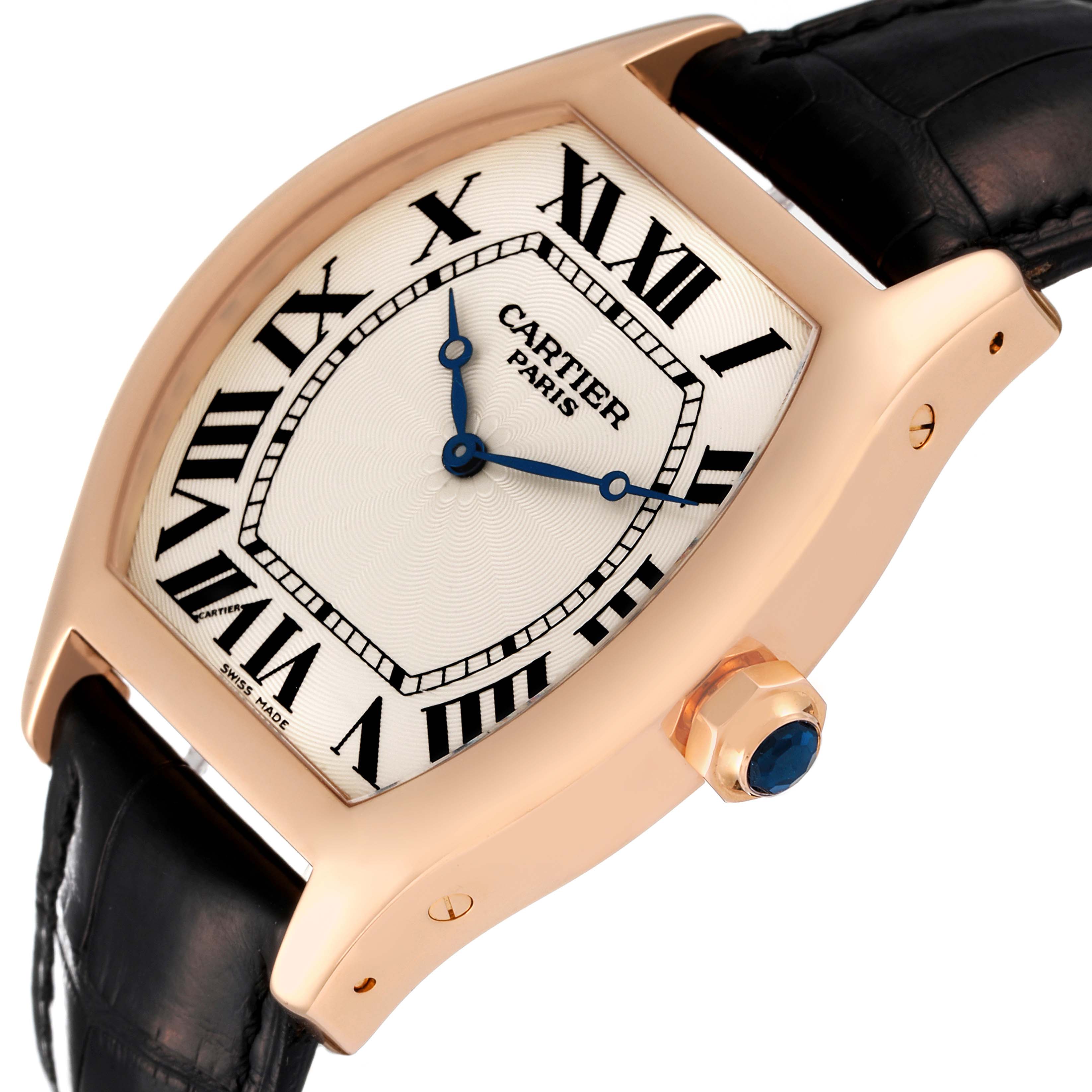 The image shows a close-up view of the Cartier Tortue W1546051 Men's Rose Gold Silver Dial W1546051 Men's Rose Gold Silver Dial watch, highlighting the face, case, and part of the strap at an angle.