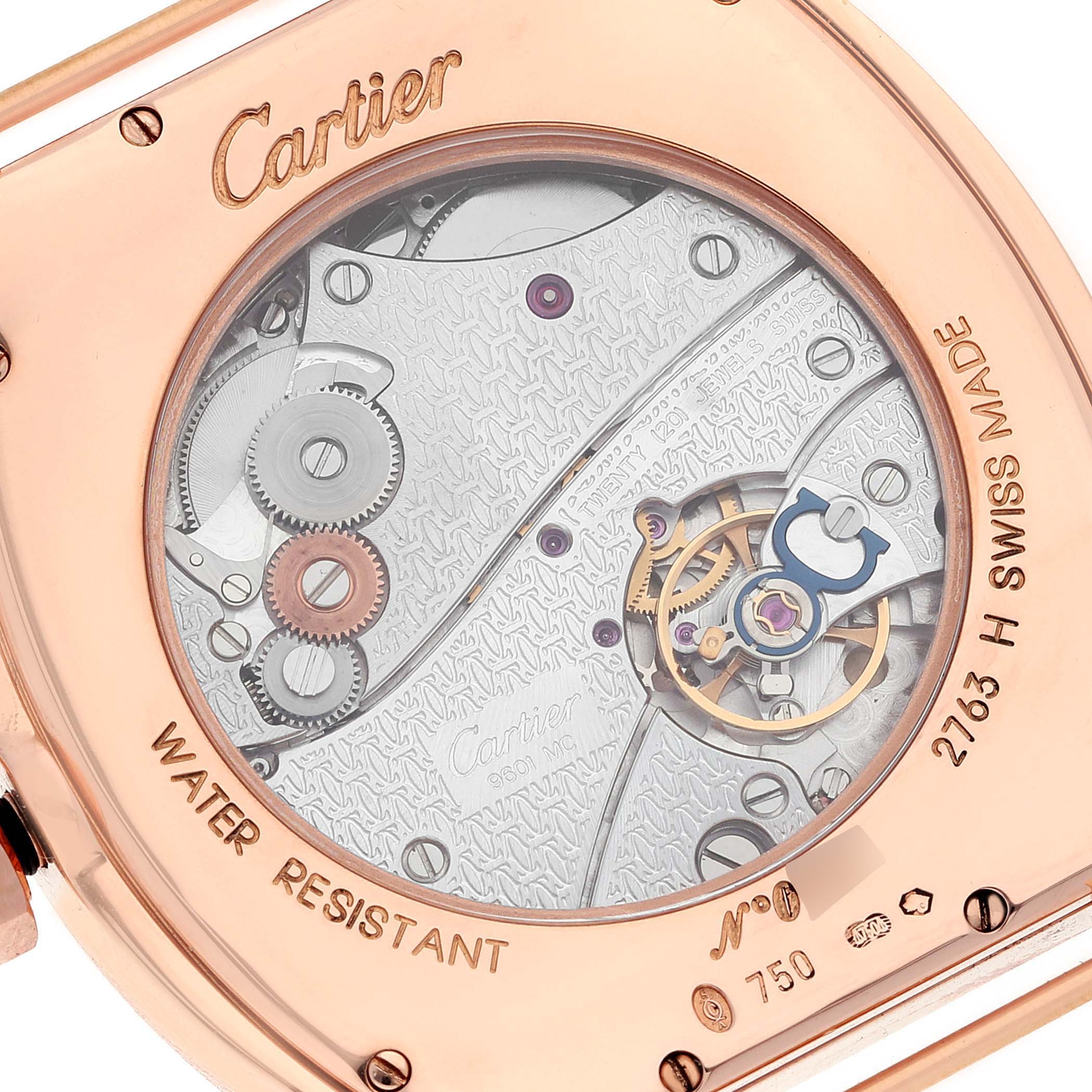 This image shows the back view of the Cartier Tortue W1546051 Men's Rose Gold Silver Dial W1546051 Men's Rose Gold Silver Dial watch, highlighting its intricate movement and inner mechanisms.